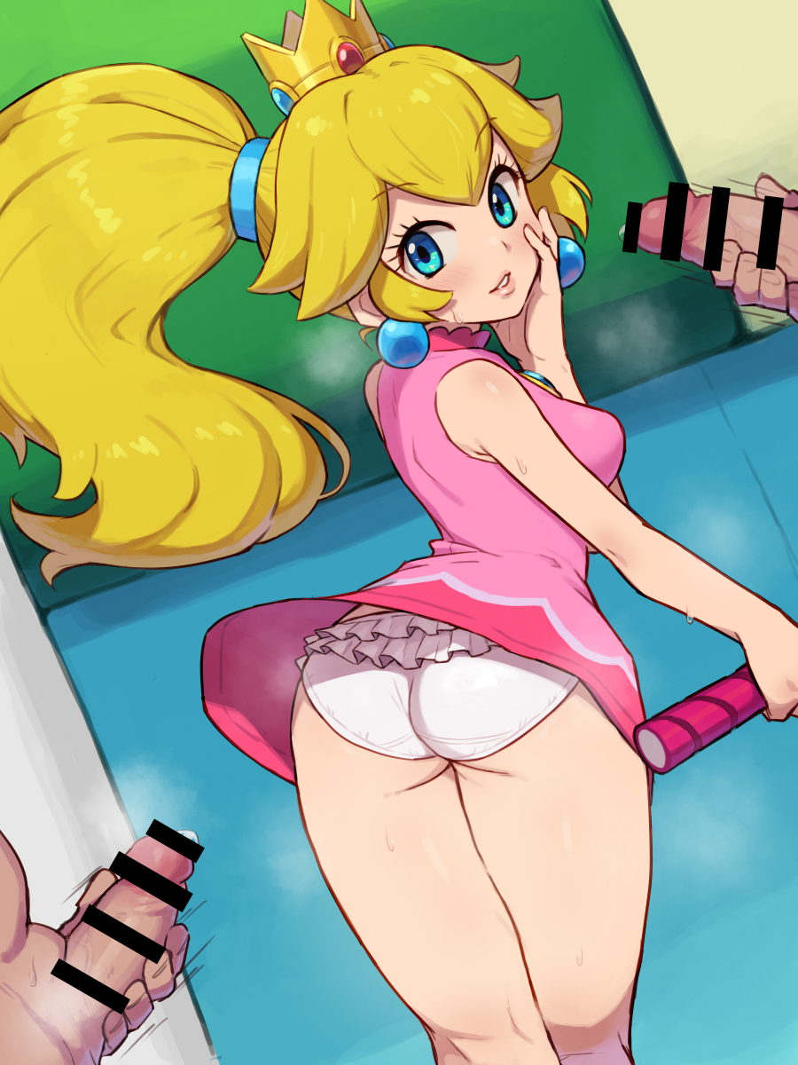 2boys aqua_eyes ass bar_censor blonde_hair censored chiwino commission crown dress earrings female from_behind highres jewelry male_masturbation mario_(series) mario_tennis masturbation multiple_boys panties parted_lips penis pink_dress pixiv_commission ponytail princess_peach racket short_dress sphere_earrings tennis_racket underwear white_panties