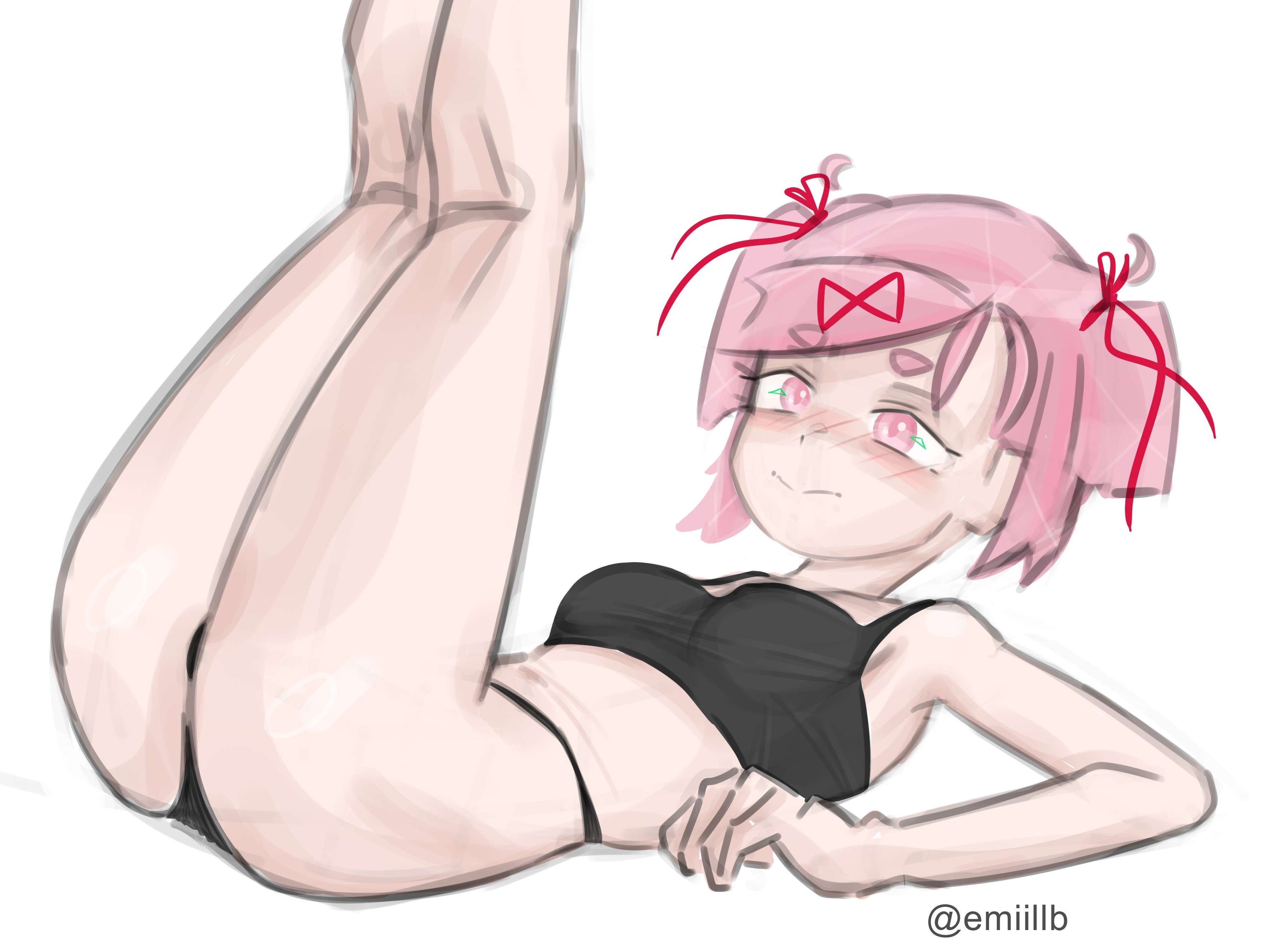 1girls, artist name, ass, blush, blush lines, blushing, breasts, doki doki literature club, emiillb, female, female only, human, natsuki (doki doki literature club), pink eyes, pink hair, solo, twitter username