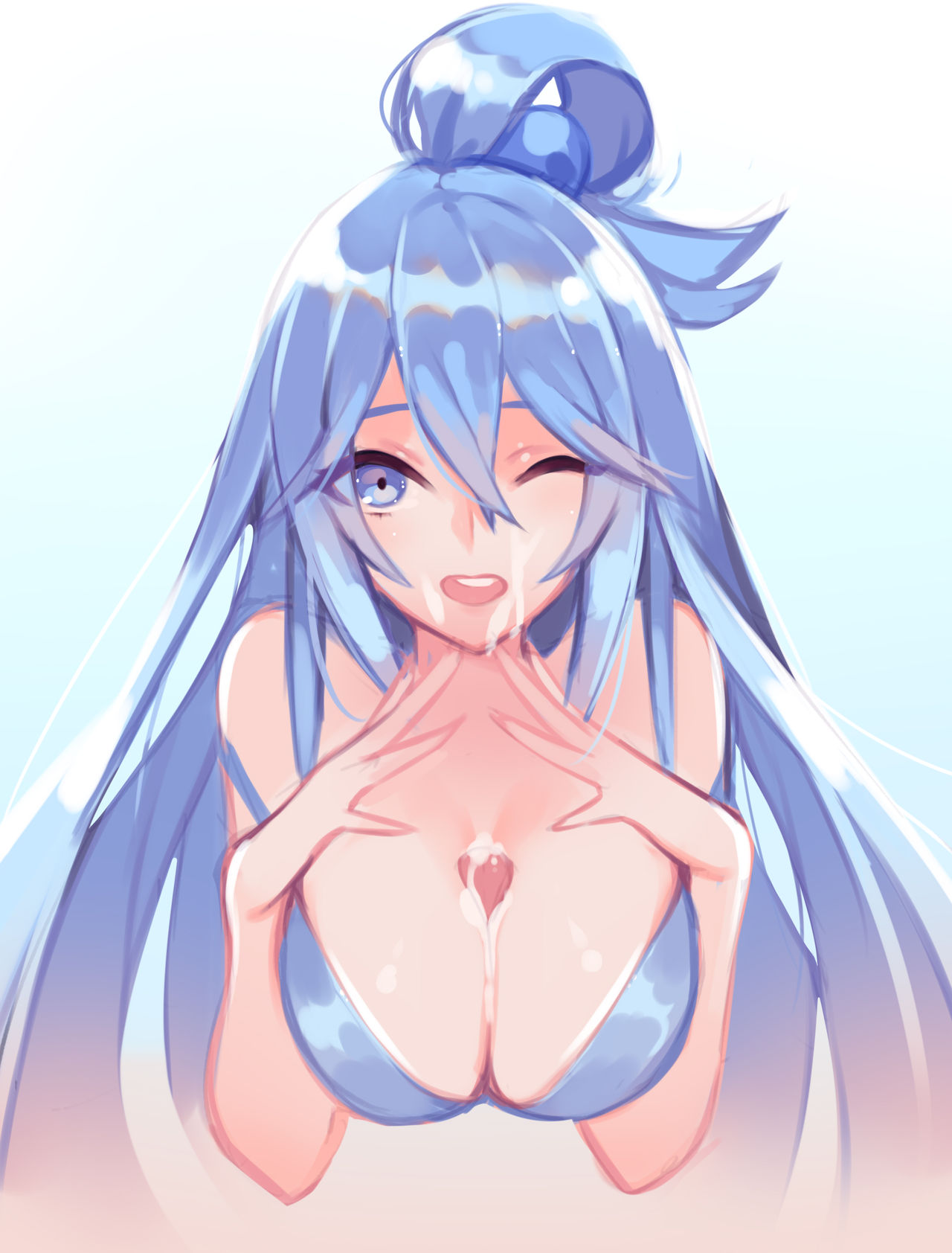 aqua (konosuba), ass, big ass, blue eyes, blue hair, blush, bra, breasts, c.cu, cum, cum on breasts, cum on face, ejaculation between breasts, female, kono subarashii sekai ni shukufuku wo!, nanoless, paizuri, schoolgirl, sex, solo, solo female, sweat, tagme, titjob, upper body, winking