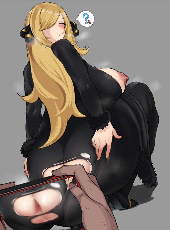 alternate breast size, anus, ass, ass grab, blonde hair, breasts, breasts out, cham22, chamchami, clothed, cynthia (pokemon), disembodied hand, exposed anus, exposed ass, female, filming, hanging nipples, huge breasts, kneeling, nipples, phone, pokemon, ripped clothing, ripped pants, simple background, tagme, triangular anus