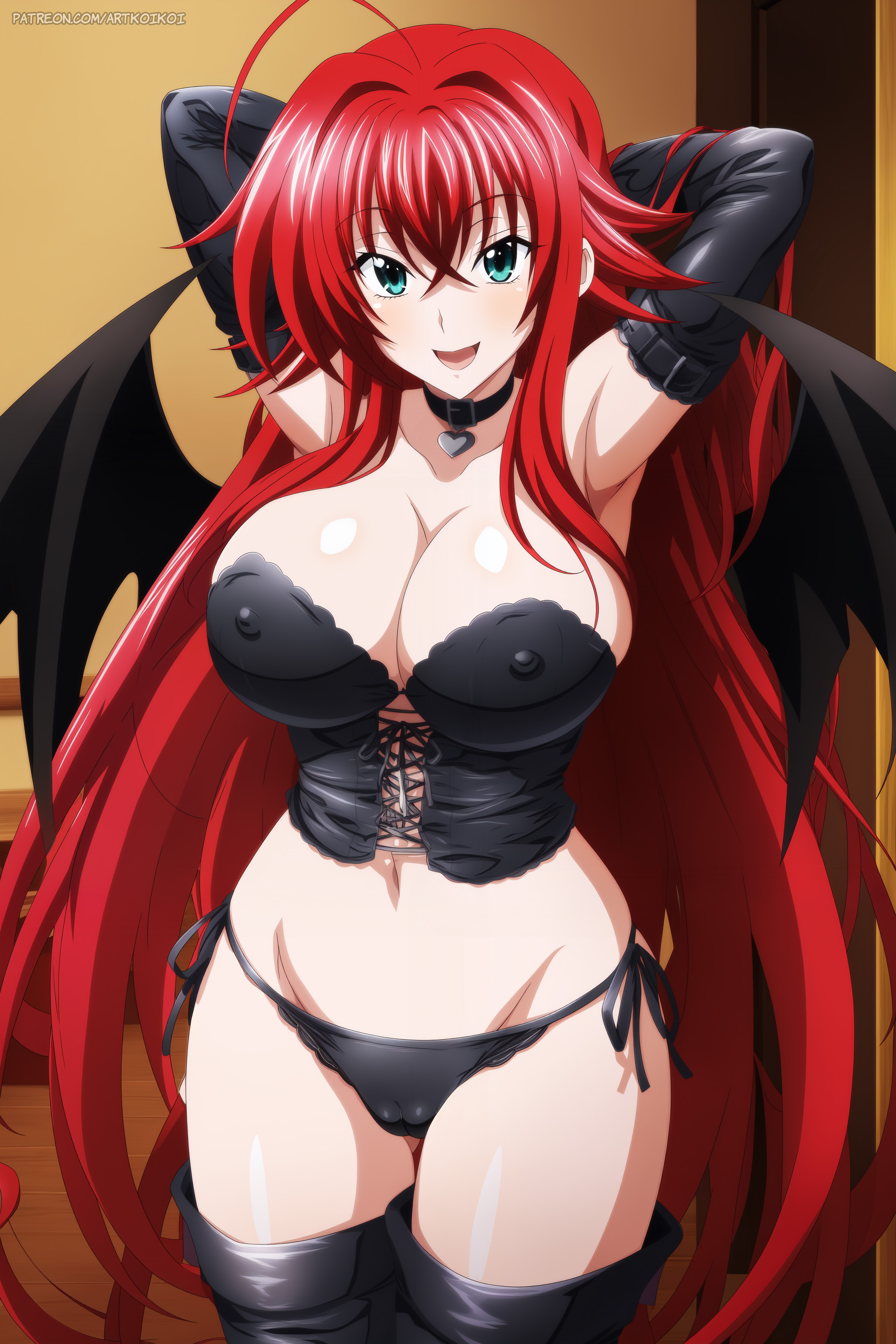 1girls, ahoge, ai generated, armpits, arms behind head, arms up, artkoikoi, big breasts, breasts, commentary request, english commentary, female, female only, hi res, high school dxd, highres, indoors, koikoi, light skin, light-skinned female, nipples, red hair, red-haired female, rias gremory, room, solo, solo female, very high resolution, very long-haired female, visible nipples, wings