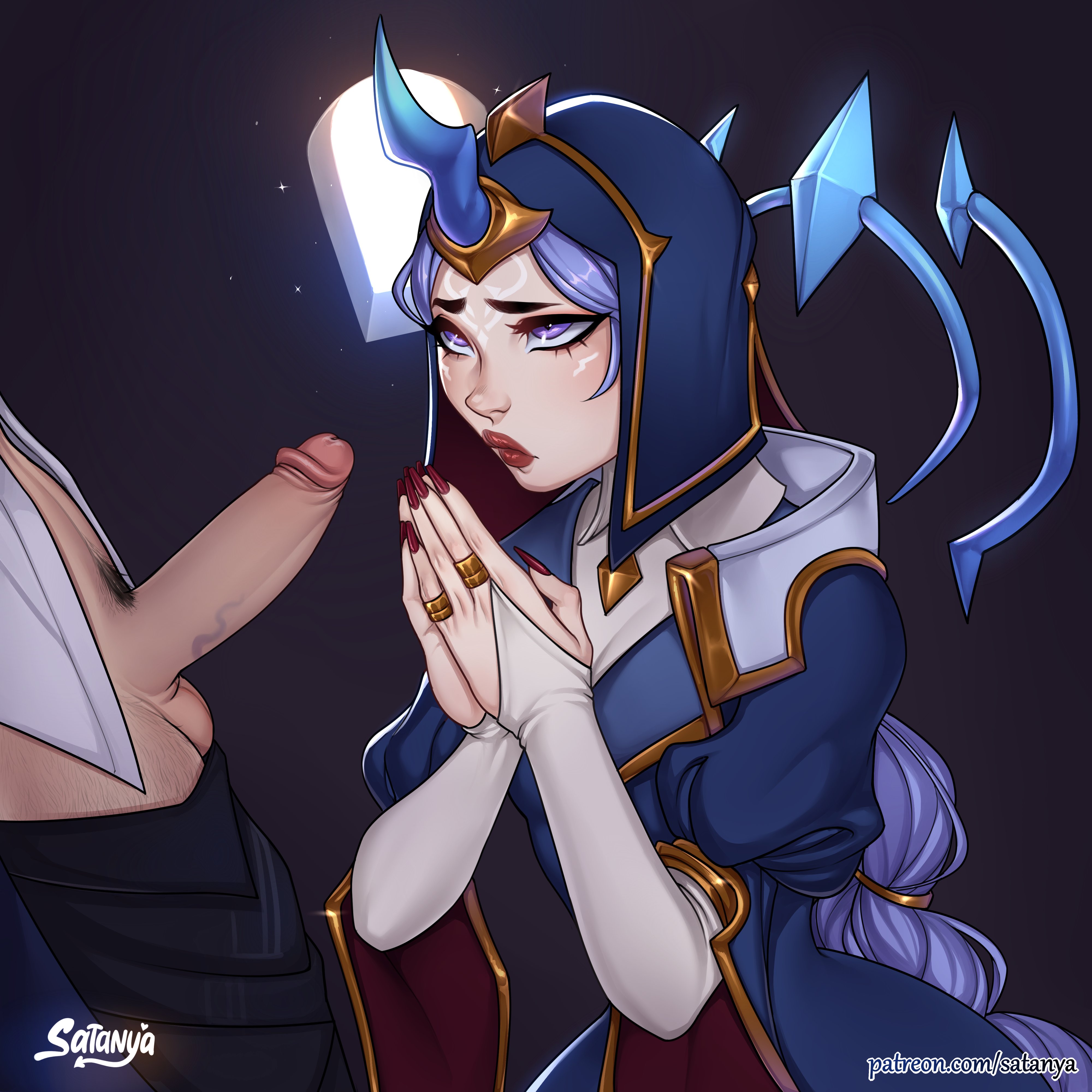 1boy, 1girls, bridal gauntlets, celestial (league of legends), clothed female, face tattoo, faceless male, female, horn, league of legends, league of legends: wild rift, lipstick, long fingernails, long nails, looking at partner, looking up, male, male pubic hair, nail polish, penis, penis awe, penis out, praying, pubic hair, purple eyes, purple hair, red lipstick, red nails, ring, satanya, soraka, stargazer series, stargazer soraka, tattoo, very long hair
