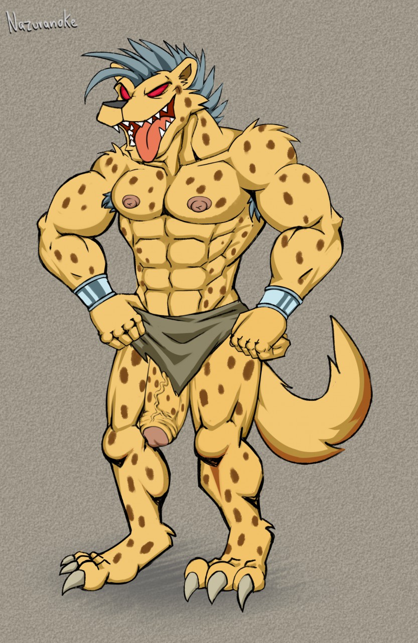 anthro balls big_penis erection genitals gnoll hi_res hyena male mammal muscular muscular_male nazuranoke nipples penis solo watermark