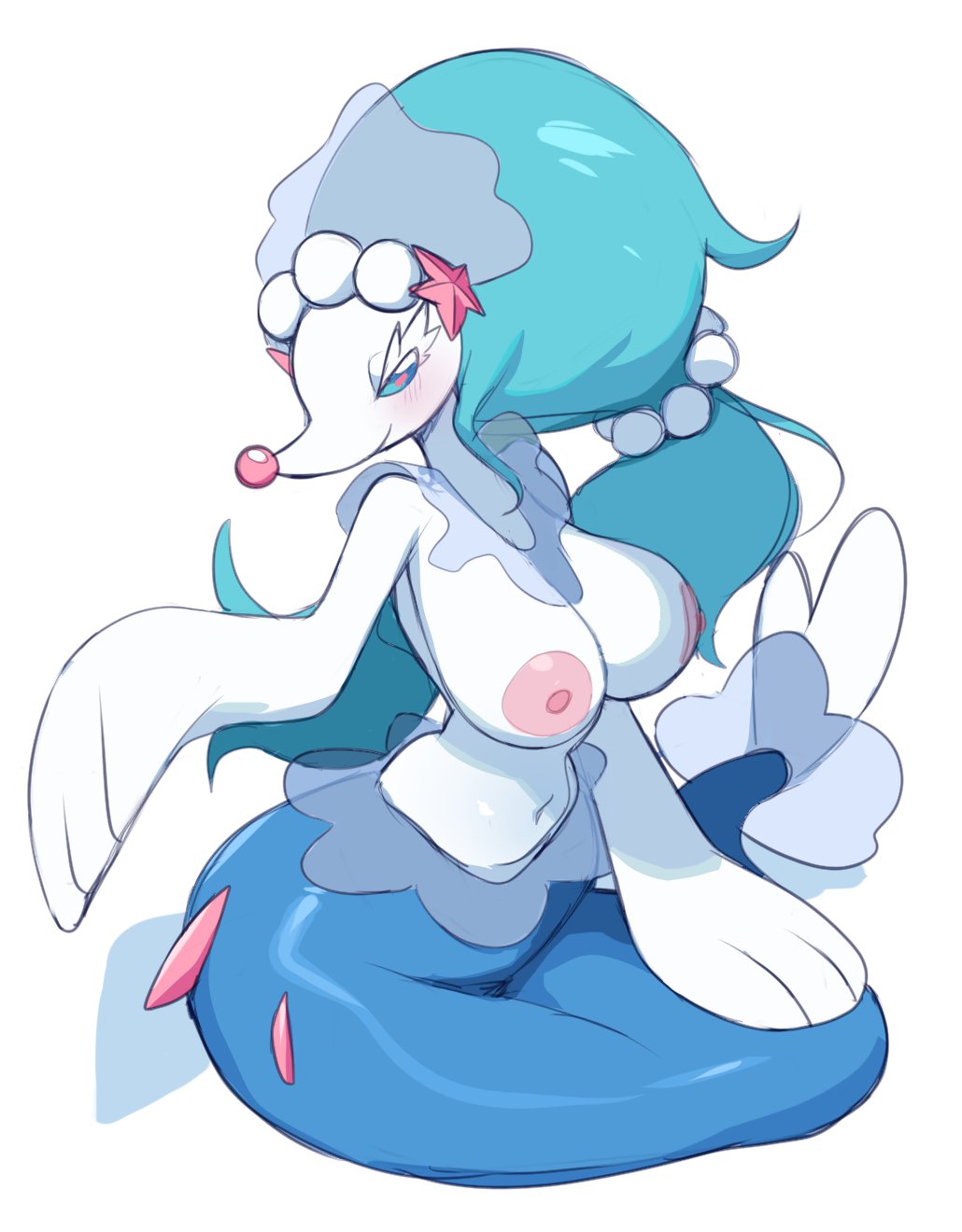 areolae, blue eyes, blush, breasts, female, generation 7 pokemon, lightsource, looking at viewer, nintendo, nipples, no humans, non-human, pokémon (species), pokemon, pokemon (species), primarina, smile, smiling at viewer, white background