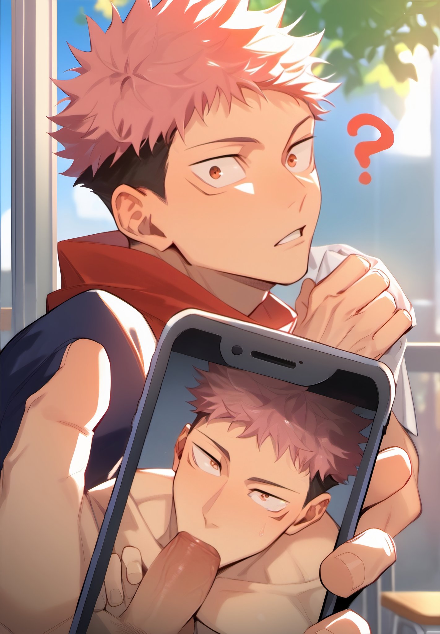 ai generated, belmarkai, blowjob, fellatio, gay, itadori yuuji, jujutsu kaisen, looking at viewer, male, male focus, male only, penis, phone, phone screen, photo, pink hair, sucking, sucking penis, yaoi