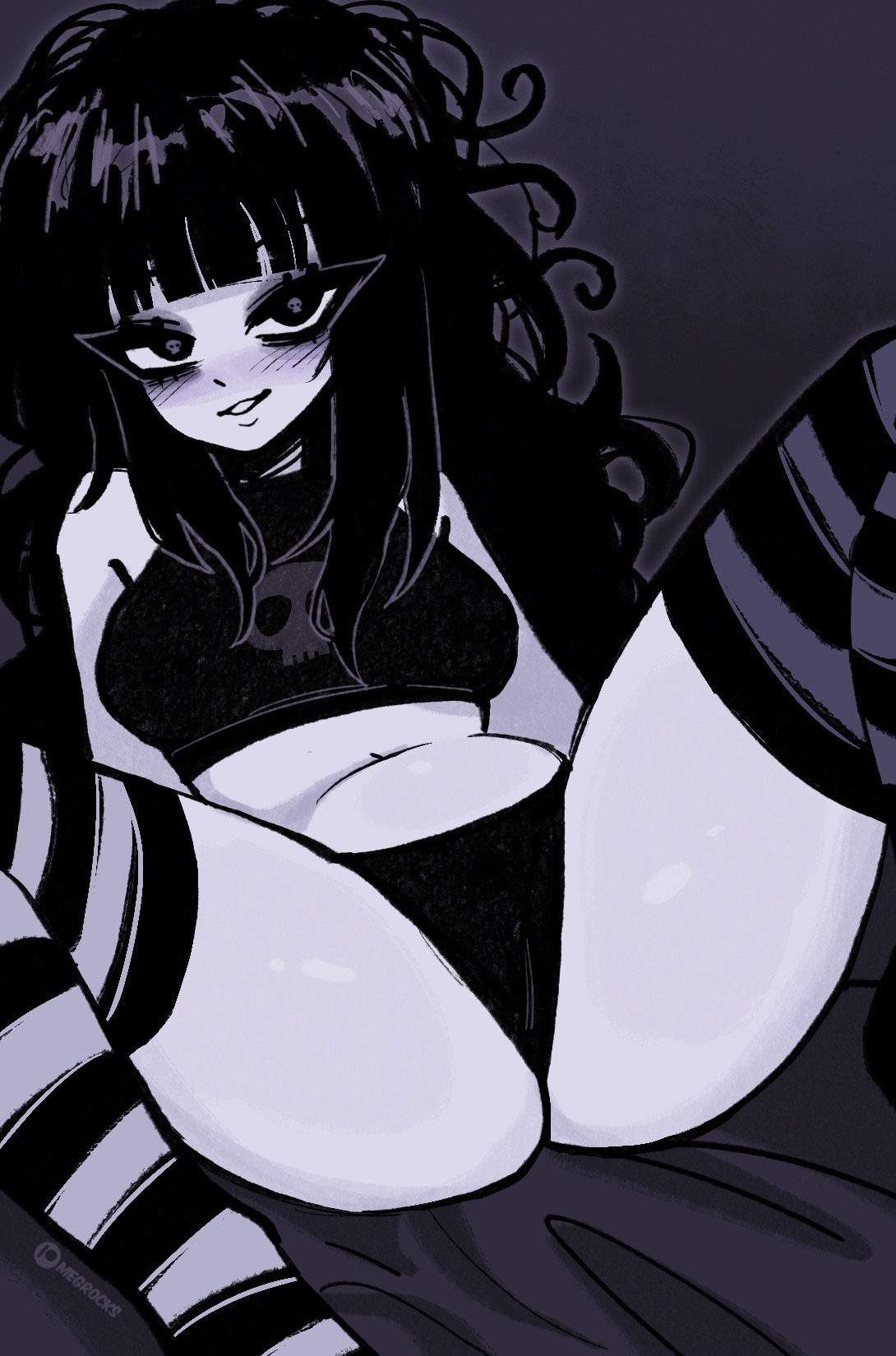 1girls, 2025, ass, black eyes, black hair, black panties, blush, crop top, curly hair, female, goth, long hair, meg (megrocks), megrocks, navel, no pants, original, panties, patreon username, sitting, skull eyes, smile, spread legs, striped legwear, tagme, thighhighs, thighs, trad goth, watermark