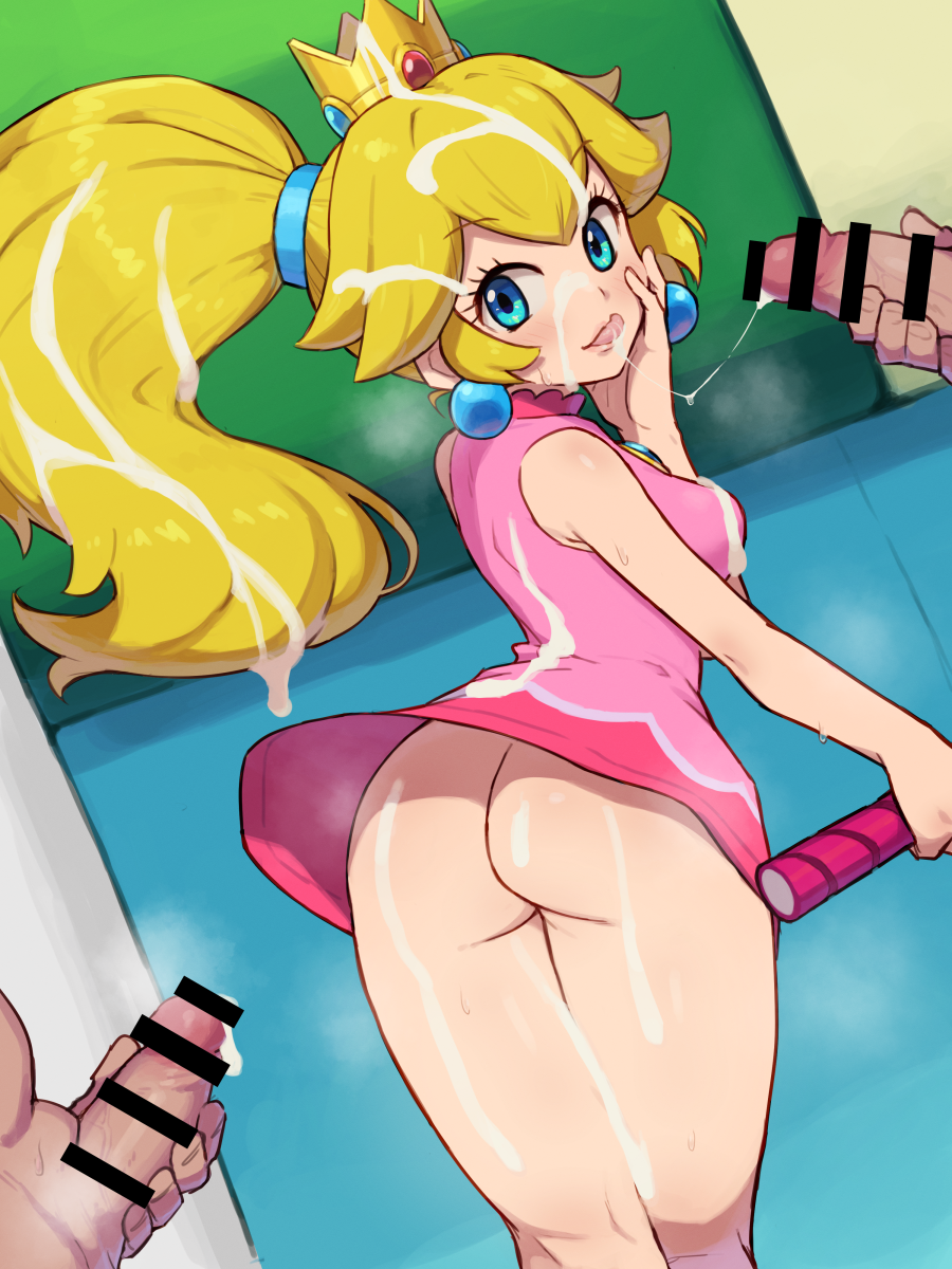 2boys after_masturbation aqua_eyes ass bar_censor blonde_hair bukkake censored chiwino commission crown cum cum_on_body cum_on_clothes cum_on_hair dress earrings ejaculation female from_behind highres jewelry male_masturbation mario_(series) mario_tennis masturbation multiple_boys no_panties parted_lips penis pink_dress pixiv_commission ponytail princess_peach racket short_dress sphere_earrings tennis_racket