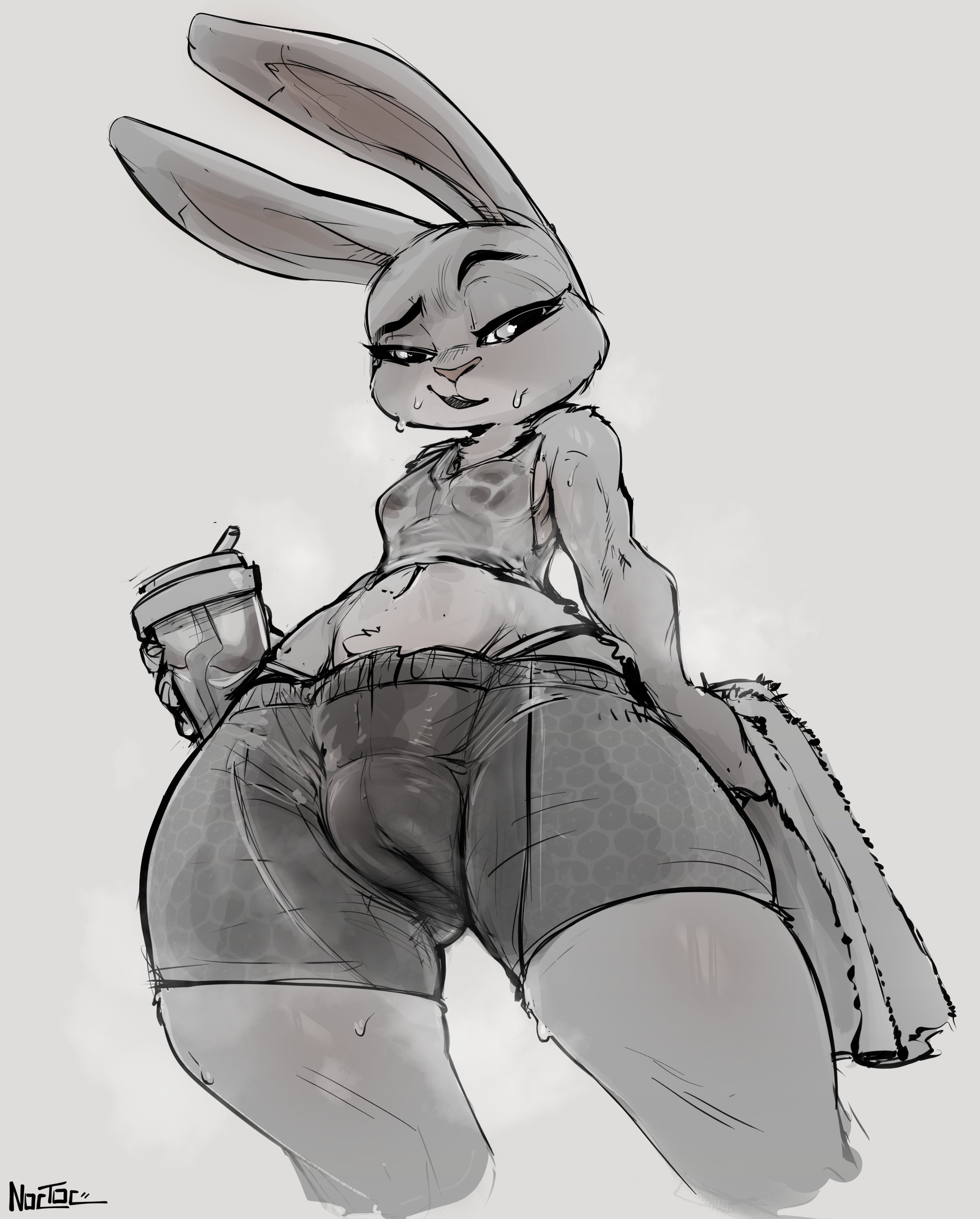 1girls, big pussy, cameltoe, disney, female, furry, furry female, furry only, gym, gym clothes, judy hopps, low-angle view, noctoc, pussy, pussy visible through clothes, wet, wet clothes, zootopia