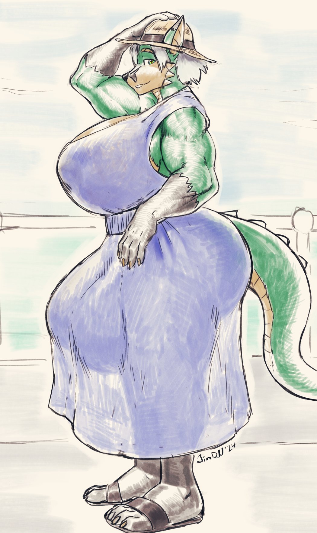 anthro big_breasts dickgirl dress futa_only futanari green_body hat huge_balls huge_breasts huge_cock hyper_balls hyper_penis jin_(jindragowolf) jindragowolf muscular muscular_futanari sandals side_view traditional_media_(artwork) translucent_clothing