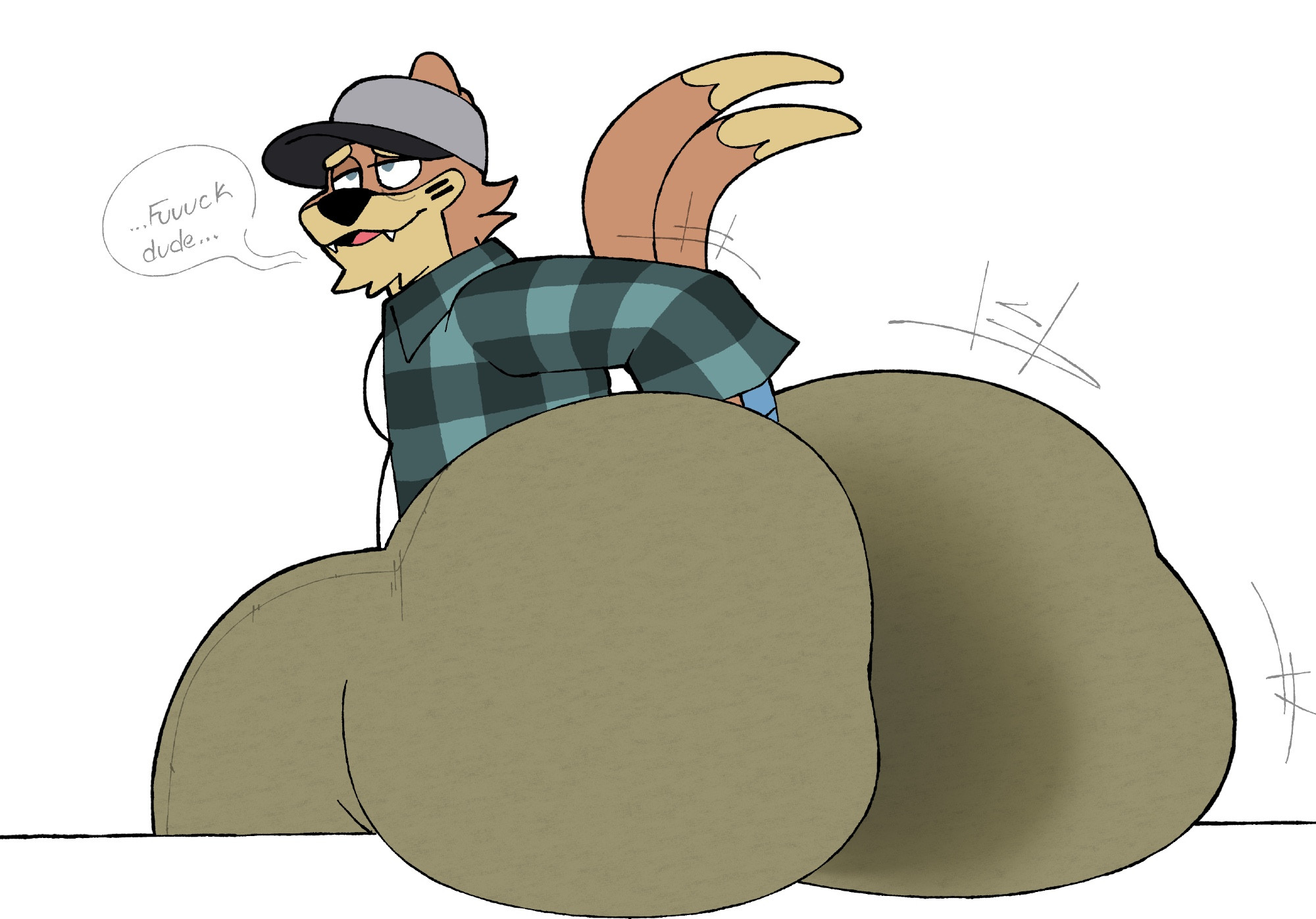 1boy, anthro, ass, ass bigger than head, ass focus, baseball cap, big ass, big ass (male), big butt, butt digging, clothed, colelucario, digging up in they ass, flat colors, floatzel, furry, furry only, huge ass, huge butt, male, male only, motion lines, pokemon, pokemon (species), solo, solo male, tanookers, text, white background