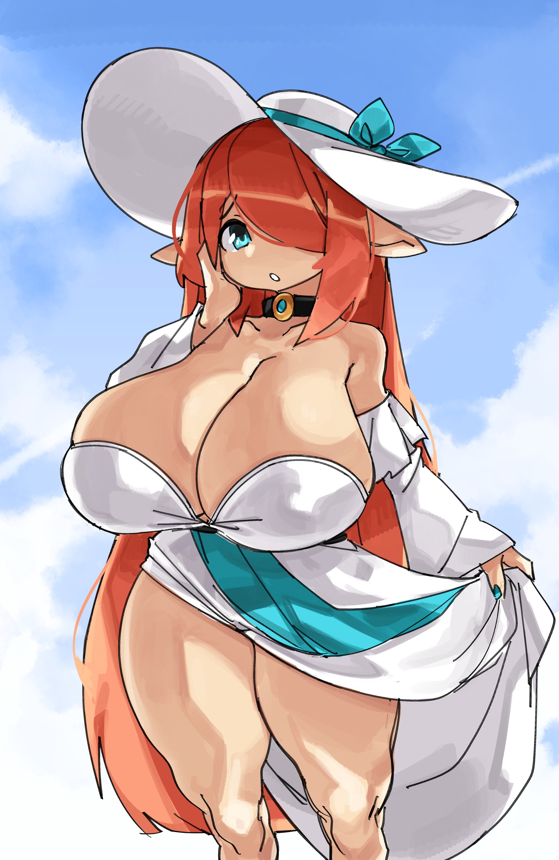 1girls, bare shoulders, blue eyes, breasts, cleavage, collar, dress, dress lift, female, female only, hair over one eye, hand on cheek, hat, huge breasts, large hat, light skin, light-skinned female, looking at viewer, marylene (hiraeth), pointy ears, red hair, solo, sun hat, thick thighs, very high resolution, very long hair, zanamaoria