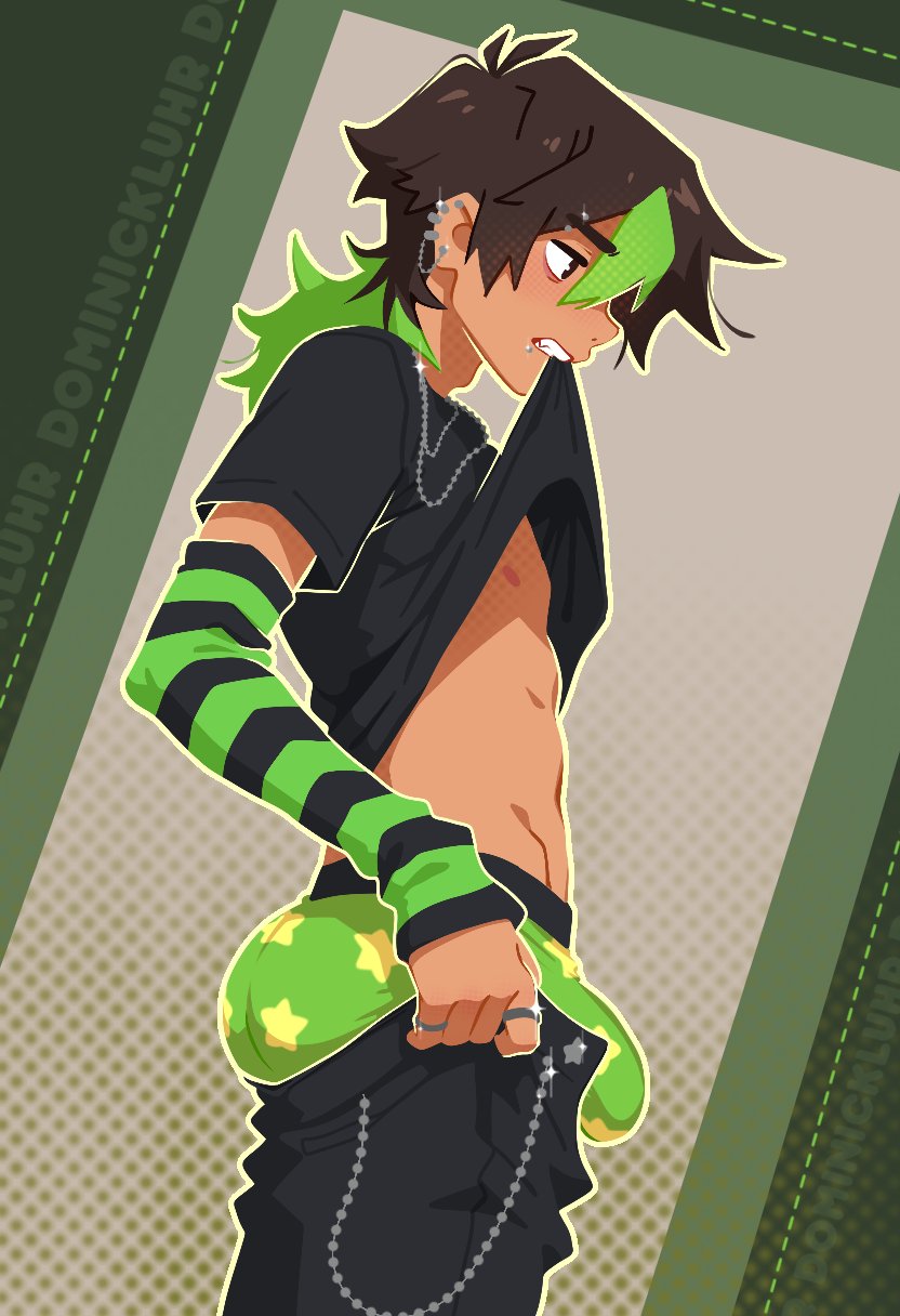 1boy, 2d, big, big ass, big penis, black hair, boogiensfw, clothing, color, colored, ear piercing, eyes, eyes open, gay, gay domination, gay male, green hair, hair, hair ornament, male, male only, meme, muscular, original, original character, penis, solo, solo focus, solo male, submissive, submissive male, tight pants (meme), twink, uncensored, yaoi