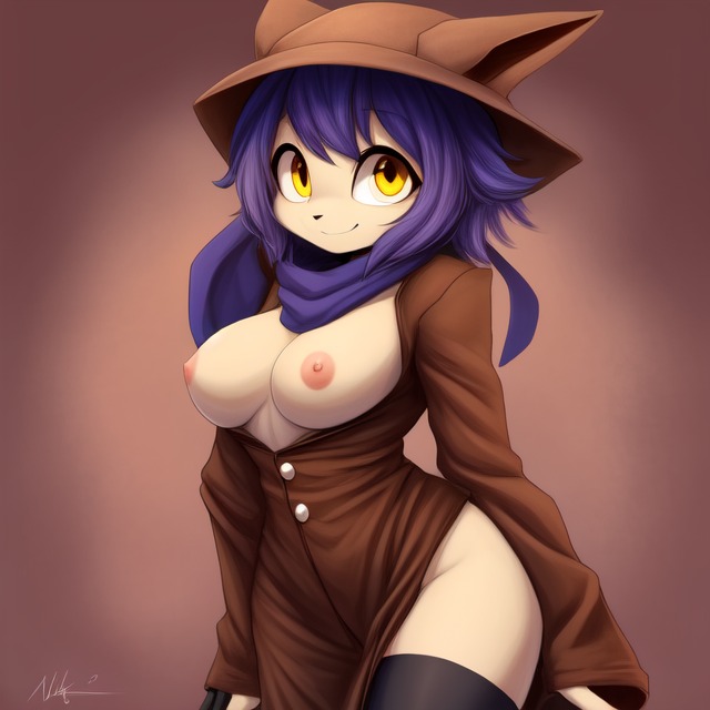 1girls ai_generated anthro breasts curved_back female frosting.ai looking_at_viewer niko_(oneshot) oneshot purple_hair smile yellow_eyes