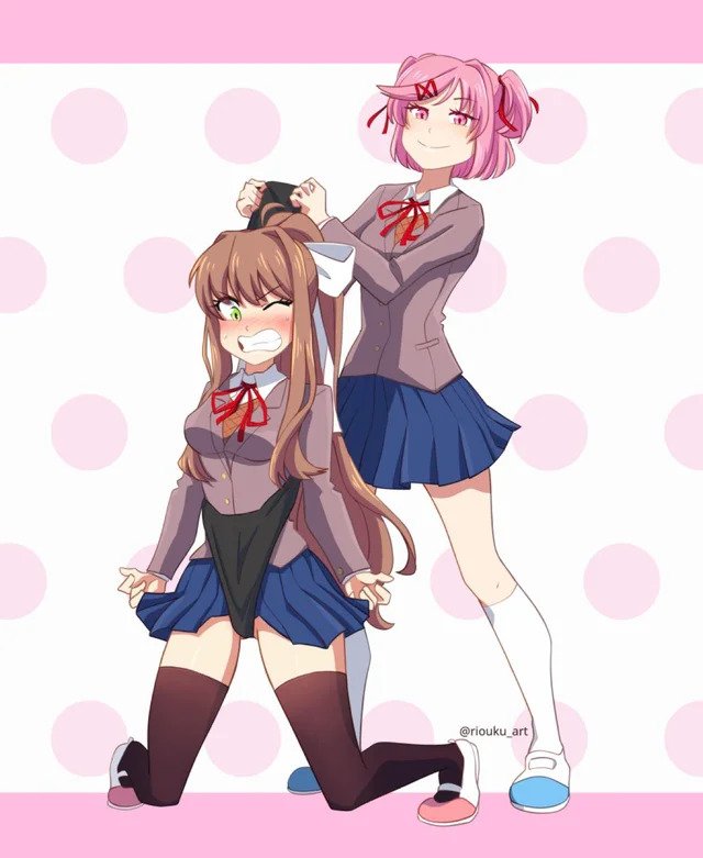 2girls atomic_wedgie black_panties black_socks brown_hair doki_doki_literature_club female female_only green_eyes hair_ornament hair_ribbon human humiliation knee_socks kneehighs kneesocks light-skinned_female light_skin long_hair medium_breasts monika_(doki_doki_literature_club) multiple_girls natsuki_(doki_doki_literature_club) one_eye_closed panties pink_eyes pink_hair ponytail riouku school_uniform schoolgirl shoes short_hair smile smiling socks socks_and_shoes teeth_clenched thigh_socks thighhighs uwabaki wedgie wedgied_female white_socks