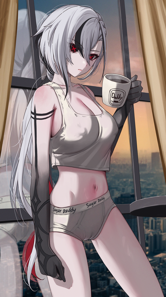 1girls arlecchino_(genshin_impact) background belly belly_button breasts briefs camel_toe cameltoe coffee coffee_cup coffee_mug genshin_impact male_underwear nipple_visible_through_clothes solo_female tighty_whities torriet window