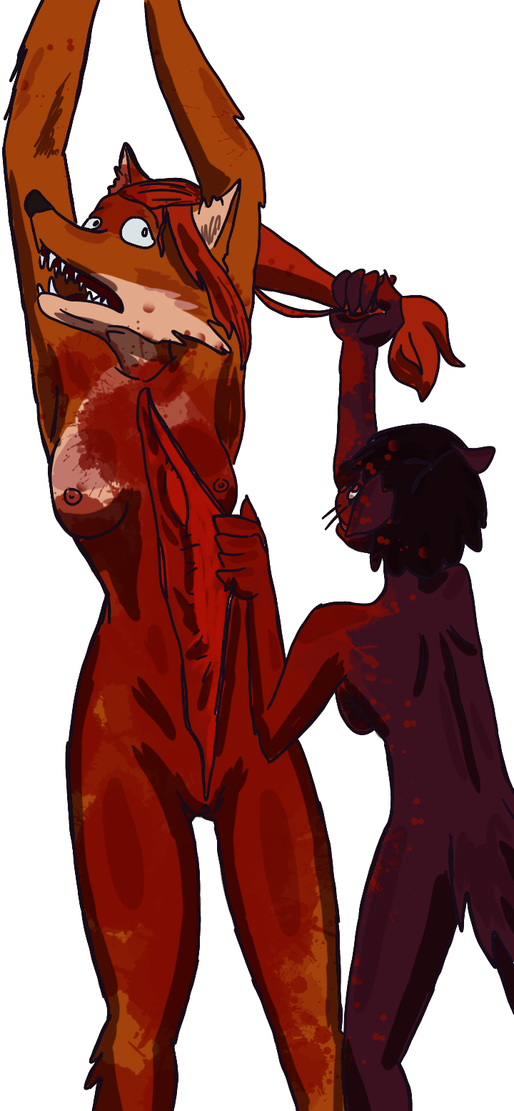 anthro blood bodily_fluids bondage bondage bound canid canine causticutie duo female female/female fox gore hair hi_res mammal mink mustelid musteline pulling_hair red_fox size_difference skinning small_dom_big_sub torture touching_hair true_fox true_musteline