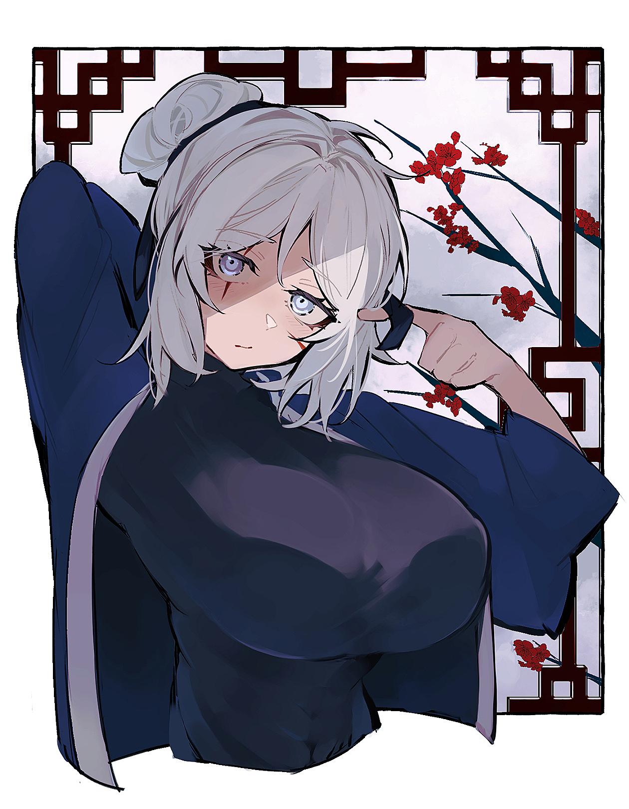 1girls, big breasts, blue eyes, blush, breasts, clothing, faust (limbus company), female, female only, hair bun, kimono, limbus company, looking at viewer, perky breasts, project moon, short hair, tied hair, white hair