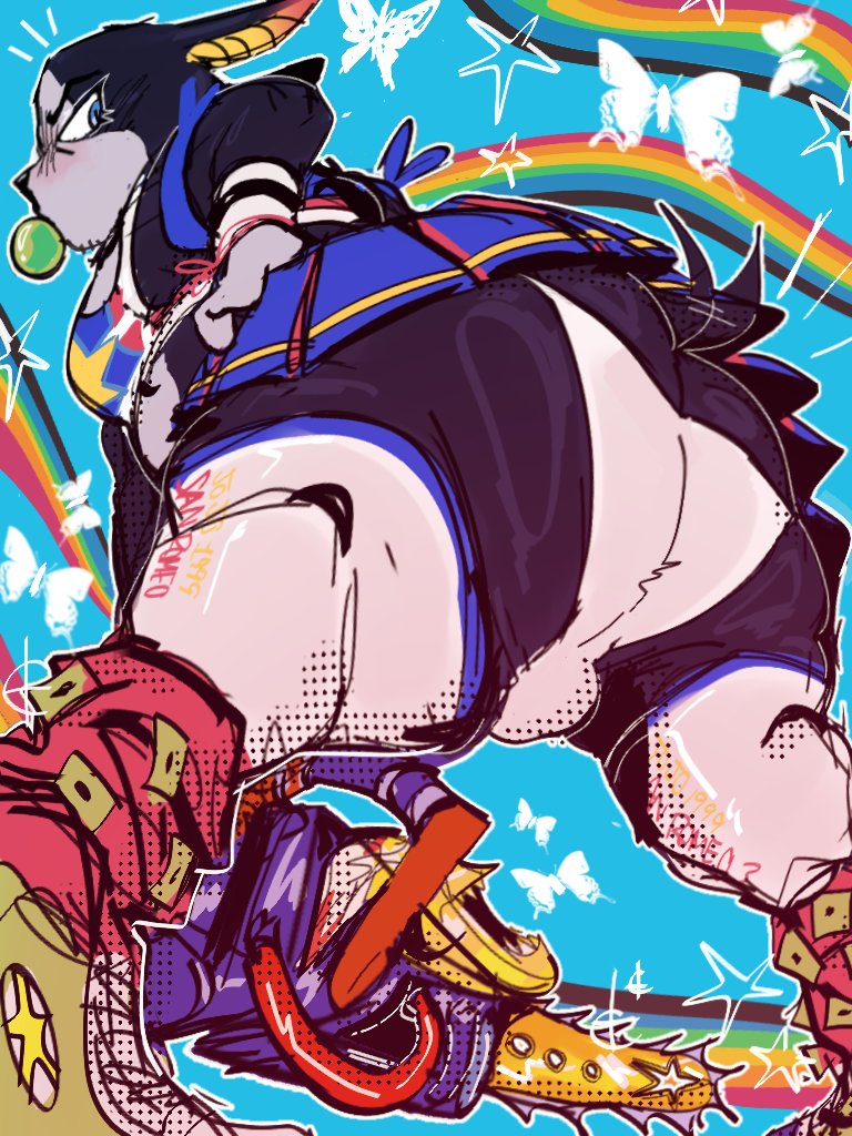 3:4 annoyed anthro anthro_only ass big_butt black_body black_fur blowing_bubble_gum bottomwear bulge canid canine canis cheerleader cheerleader_outfit clothed clothing converse_shoes crop_top crossdressing domestic_dog ears_back fur gat0pussy24 half-closed_eyes iggy_(jjba) jojo's_bizarre_adventure legwear lollipop_chainsaw low-angle_view male male_focus male_only mammal miniskirt narrowed_eyes panties pivoted_ears shirt skirt slightly_chubby slightly_chubby_anthro slightly_chubby_male solo solo_male stardust_crusaders stockings stubble topwear underwear upskirt white_body white_fur