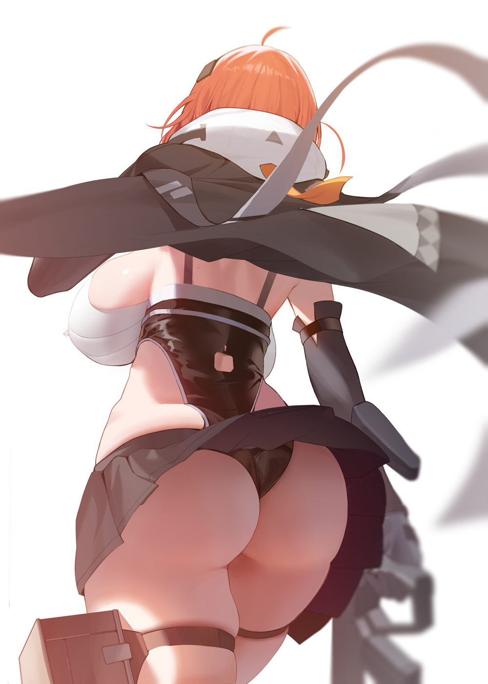 1girls ahoge ass ass_focus black_gloves black_leotard black_skirt bob_cut breasts cape elbow_gloves first_porn_of_character from_behind gun headgear hi_res holding_object holding_weapon huge_breasts leotard pleated_skirt red_eyes simple_background skirt snowbreak:_containment_zone solo solo_female tess_kotkin thigh_strap upskirt white_hair xiujia_yihuizi