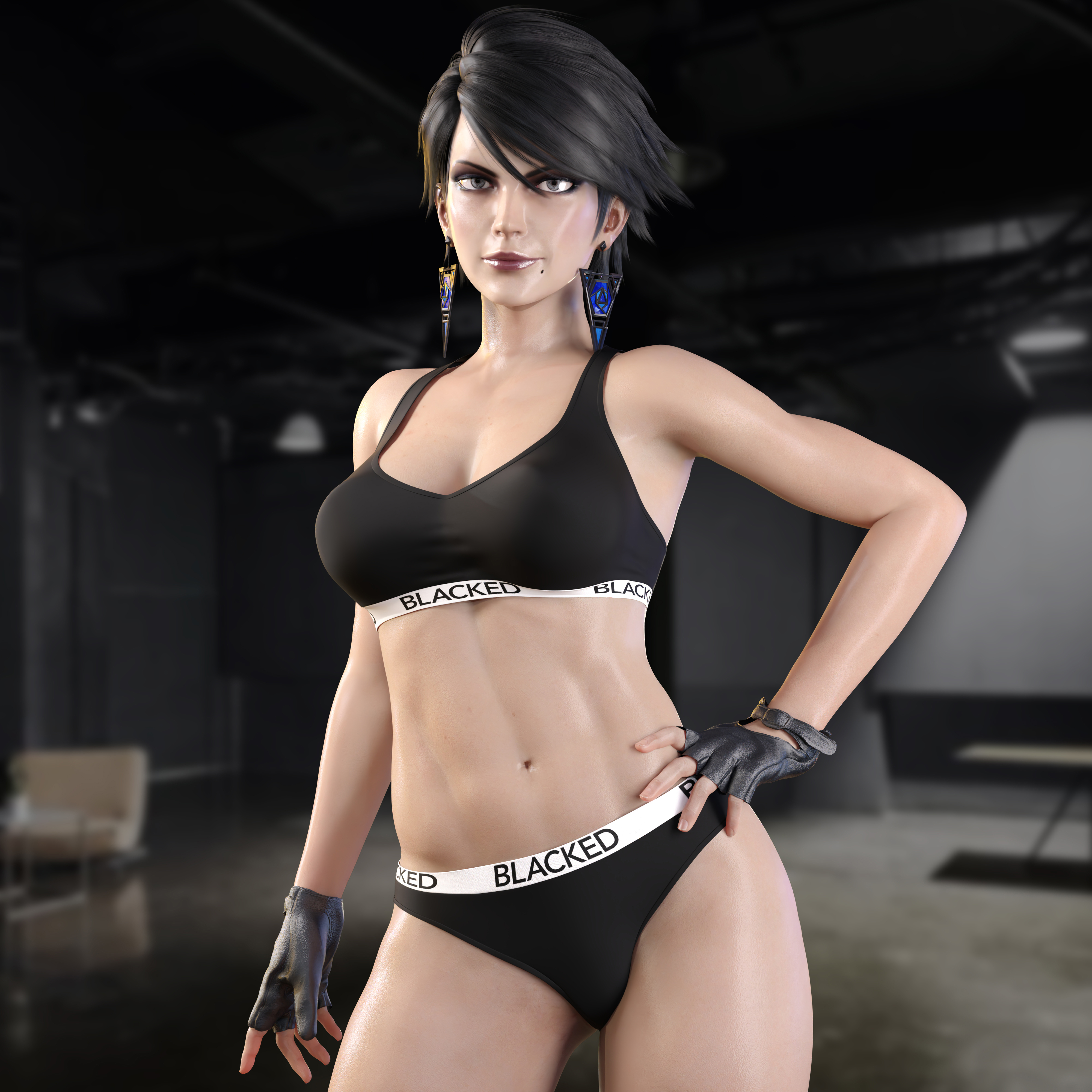 1girls, 3d, bayonetta, bayonetta (character), bayonetta 2, beauty mark, black hair, blacked, blacked clothing, blue eyes, bra, earrings, eyeshadow, female, female focus, female only, fingerless gloves, gloves, light skin, light-skinned female, lipstick, makeup, navel, nordfantasy, pale, pale skin, pale-skinned female, panties, sega, short hair, solo, standing