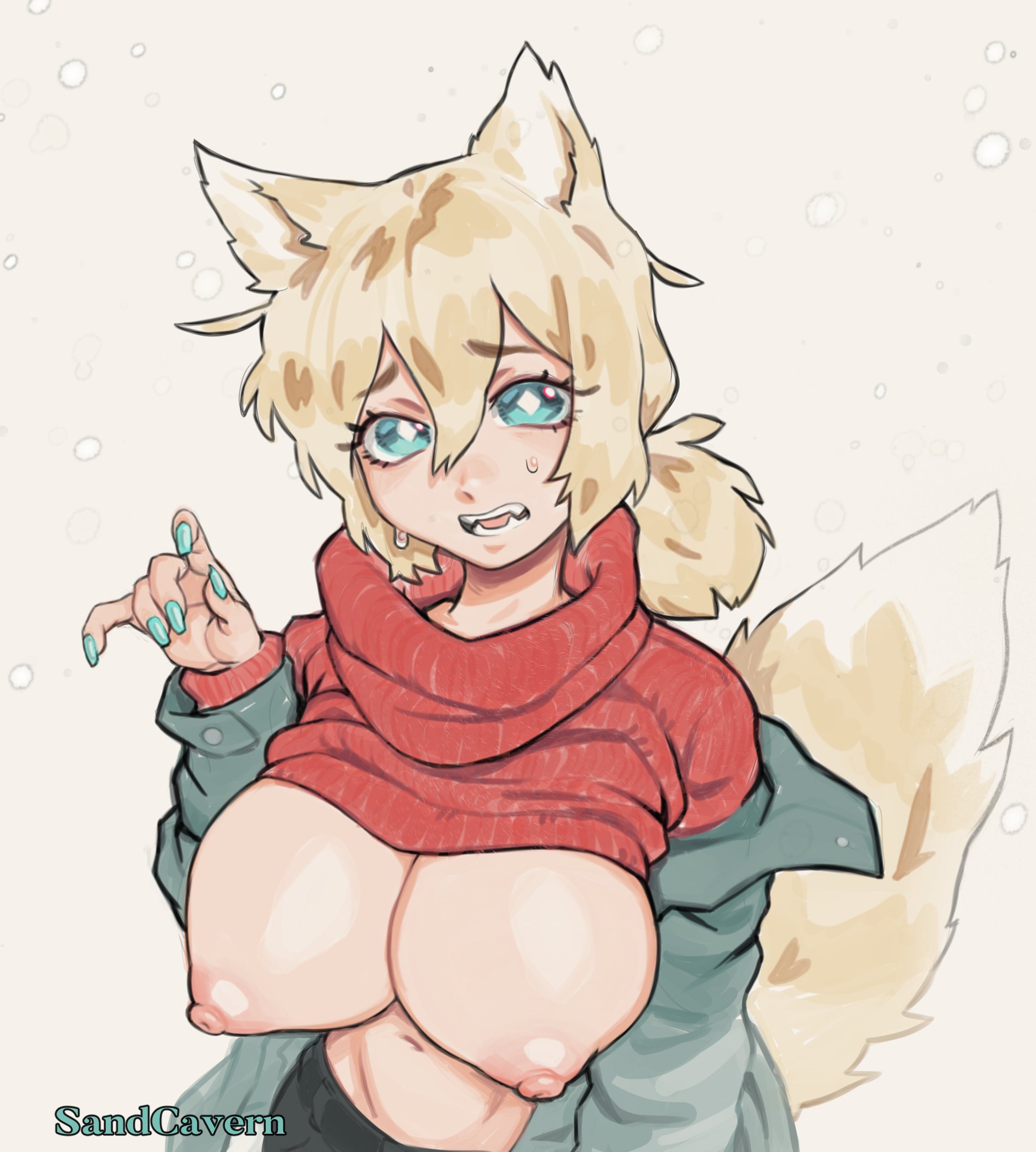 1girls, blonde hair, blue eyes, breasts, breasts out, erect nipples, female, female only, huge breasts, innie belly button, large breasts, nekomimi, nipples, original, pink nipples, puffy nipples, sandcavern, snowing, solo, solo female, sweater, sweater lift, white background