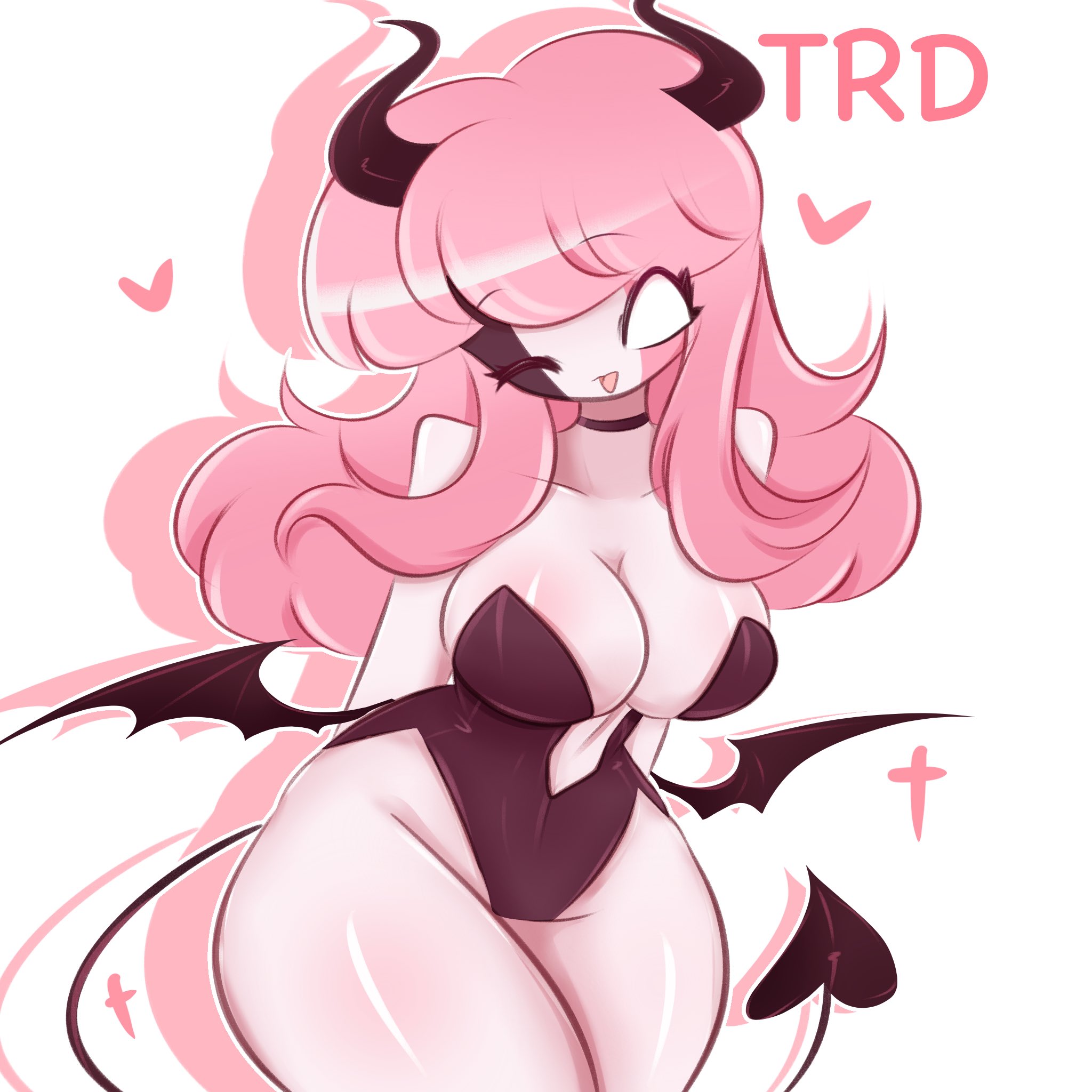 1girls, 4 fingers, 5 fingers, breasts, cleavage, demon, elbow gloves, female, female only, friday night funkin, heart symbol, large breasts, leotard, long hair, looking at viewer, mid-fight masses, no pupils, pantyhose, pink hair, pink skin, sarvente (dokki.doodlez), sarvente (friday night funkin), slim, succubus, thighs, tnd, trd-yo, two-tone hair, wink