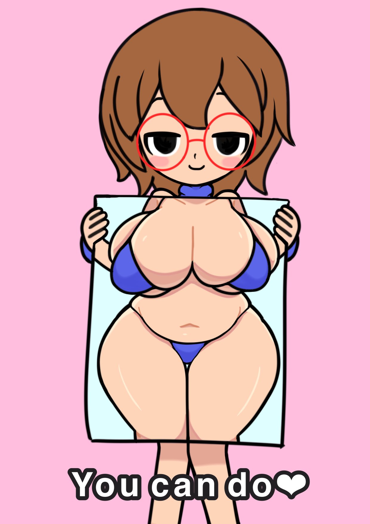 1girls bikini black_eyes blue_bikini breasts brown_hair cheer_reader chubby chubby_female english_text fake_breasts female glasses heart_symbol huge_breasts large_breasts nintendo rhythm_heaven rhythm_tengoku sarumoji short_hair thick thick_thighs