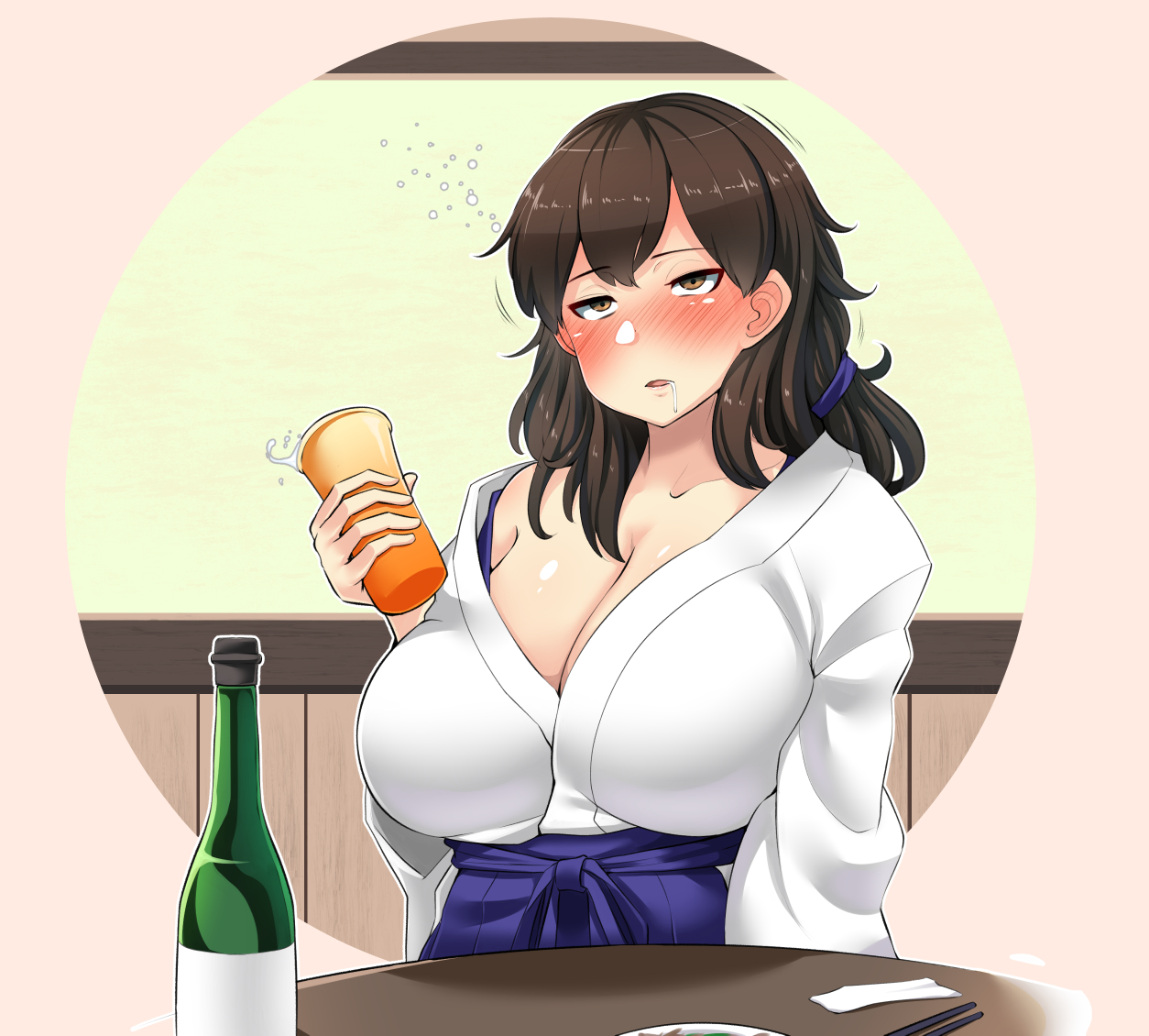alcohol, big breasts, blush, breasts, brown eyes, brown hair, cleavage, drooling, drunk, female, female only, hair down, hakama, huge breasts, japanese clothes, kaga (kantai collection), kantai collection, off shoulder, ryuun (stiil), solo