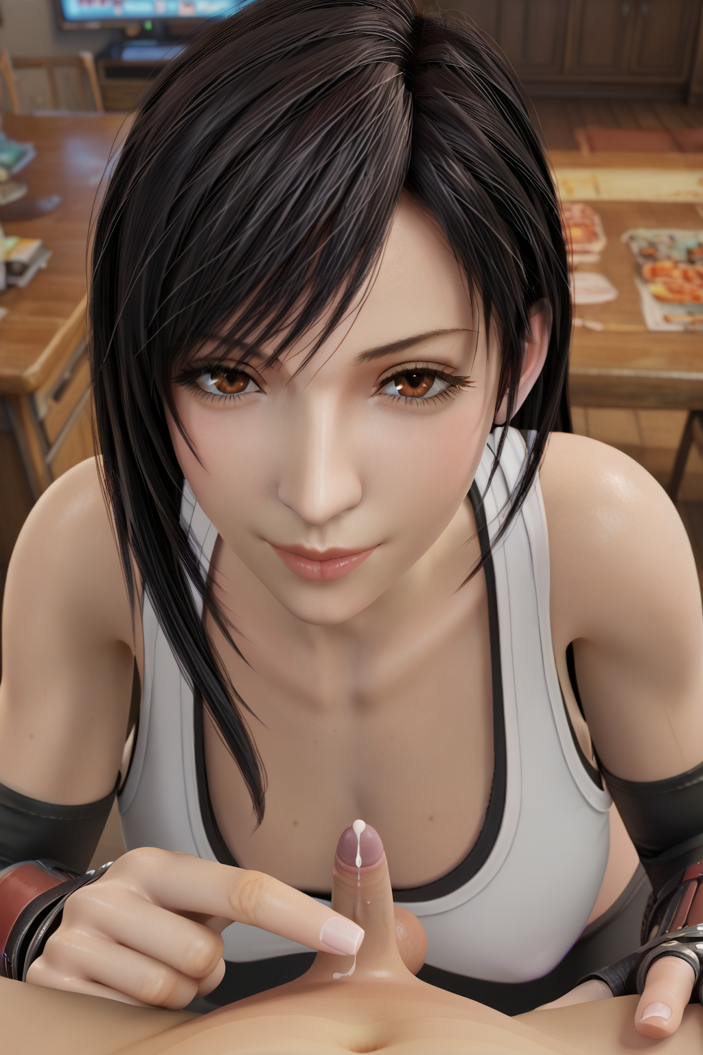 1boy 1girls 3d ai_generated black_hair cuckold cum earrings erection female final_fantasy final_fantasy_vii final_fantasy_vii_remake handjob long_hair looking_at_viewer male male_pov orange_eyes penis pov precum small_penis small_penis_humiliation smile straight tifa_lockhart tiny_penis