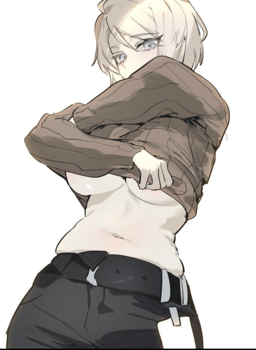 1girls, artist request, big breasts, blue eyes, breasts, clothing, clothing lift, faust (limbus company), female, lifting clothing, light skin, light-skinned female, limbus company, looking at viewer, looking down, pale skin, pale-skinned female, project moon, short hair, turtleneck, white hair