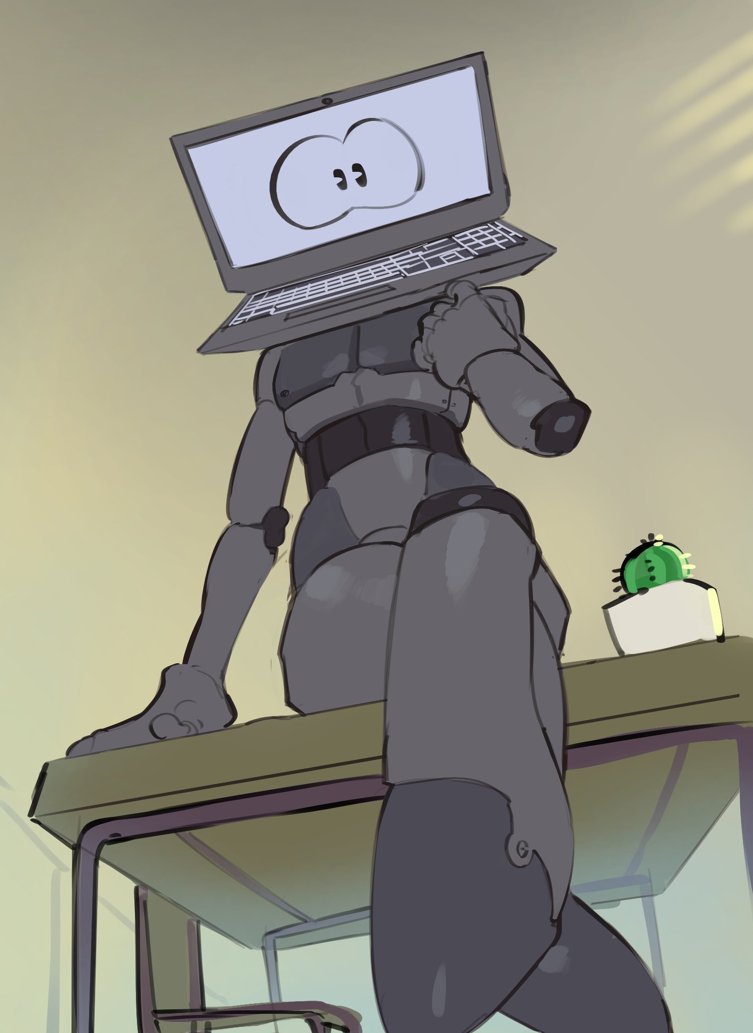 1boy, absurd res, anthro, anthrofied, digital media (artwork), gay, gay male, grey body, hi res, kogito, laptop, living machine, looking at viewer, machine, male, male only, nude, nude male, robot, screen face, simple background, sitting on desk, solo, yaoi