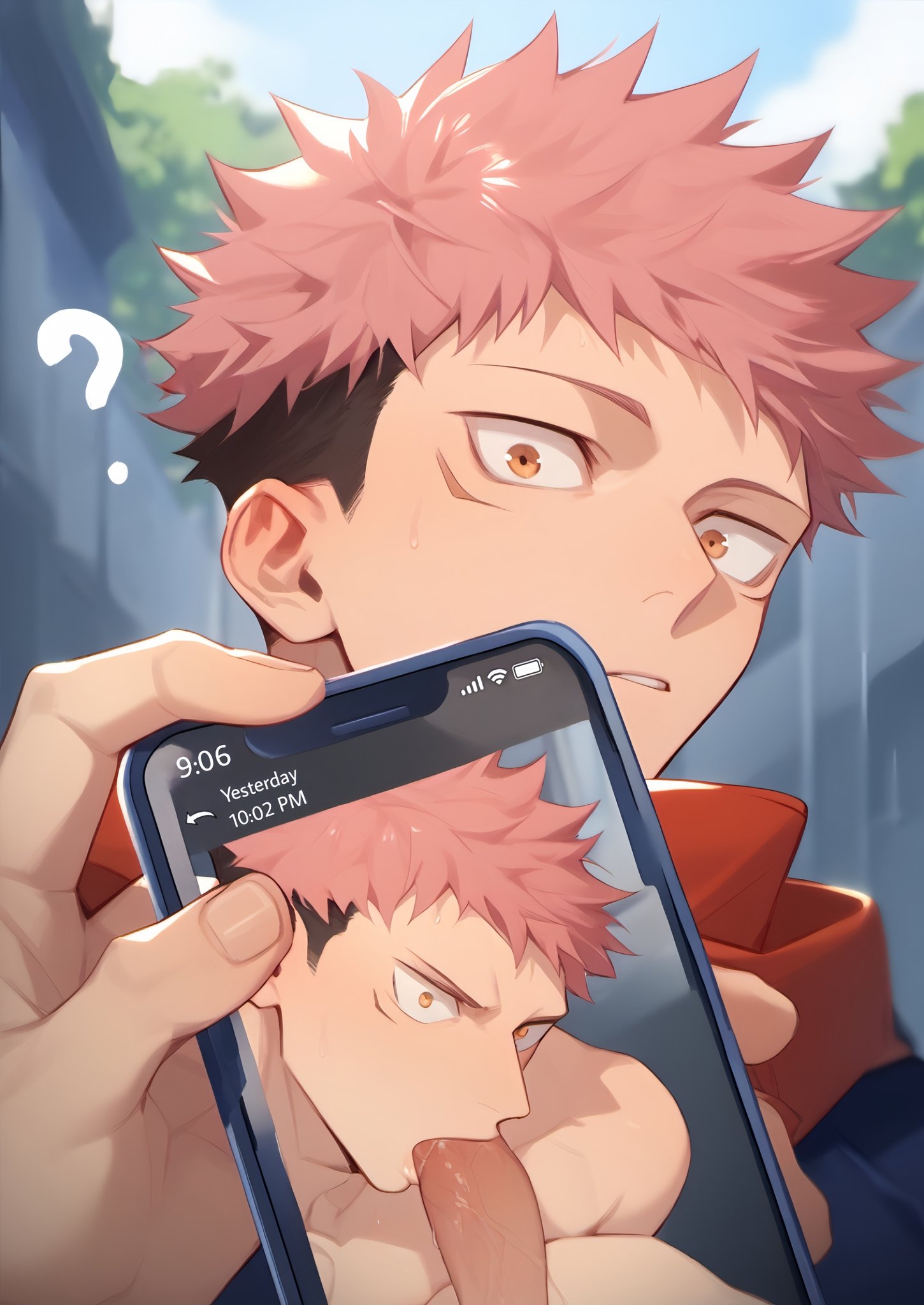 ai generated, belmarkai, blowjob, fellatio, gay, itadori yuuji, jujutsu kaisen, looking at viewer, male, male focus, male only, penis, phone, phone screen, photo, pink hair, sucking, sucking penis, yaoi