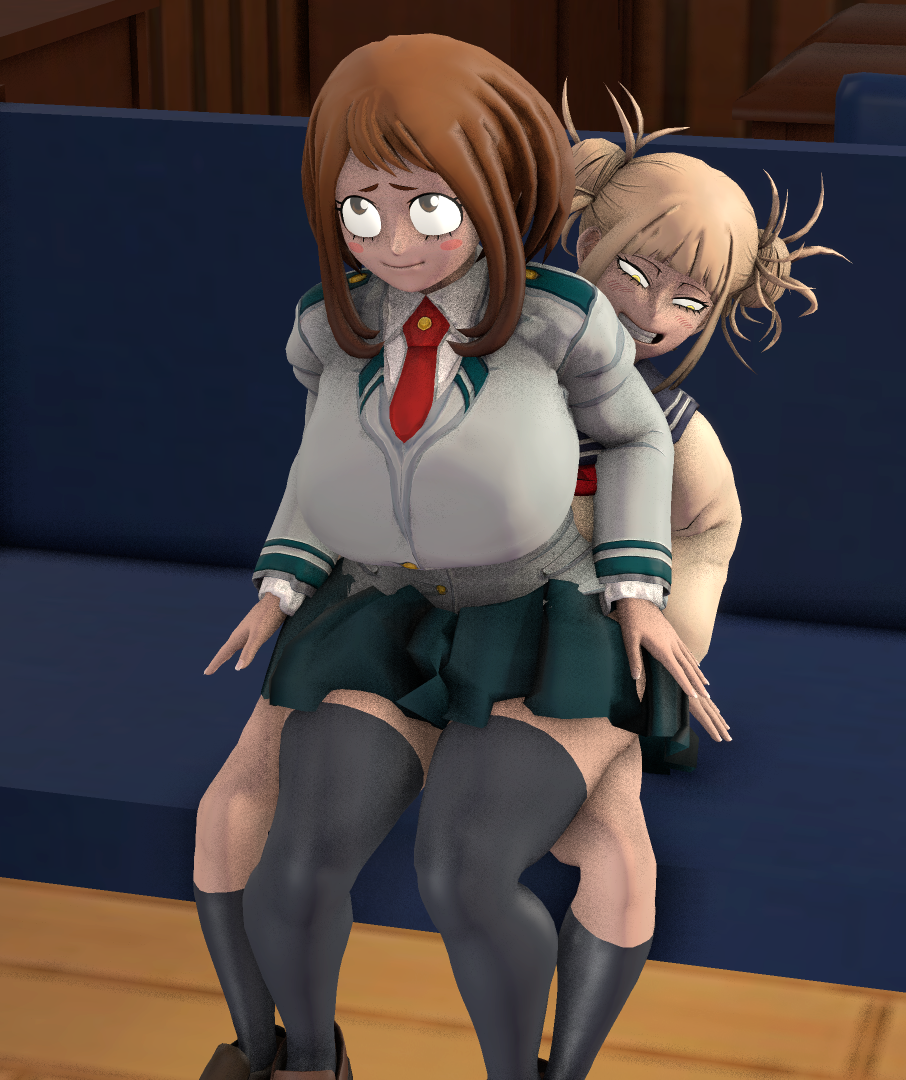 3d 3d_(artwork) curvaceous curvy curvy_figure female heperson himiko_toga my_hero_academia ochako_uraraka sitting sitting_on_person skirt smug smug_face suggestive suggestive_look thick thick_thighs thighhighs thighs yuri