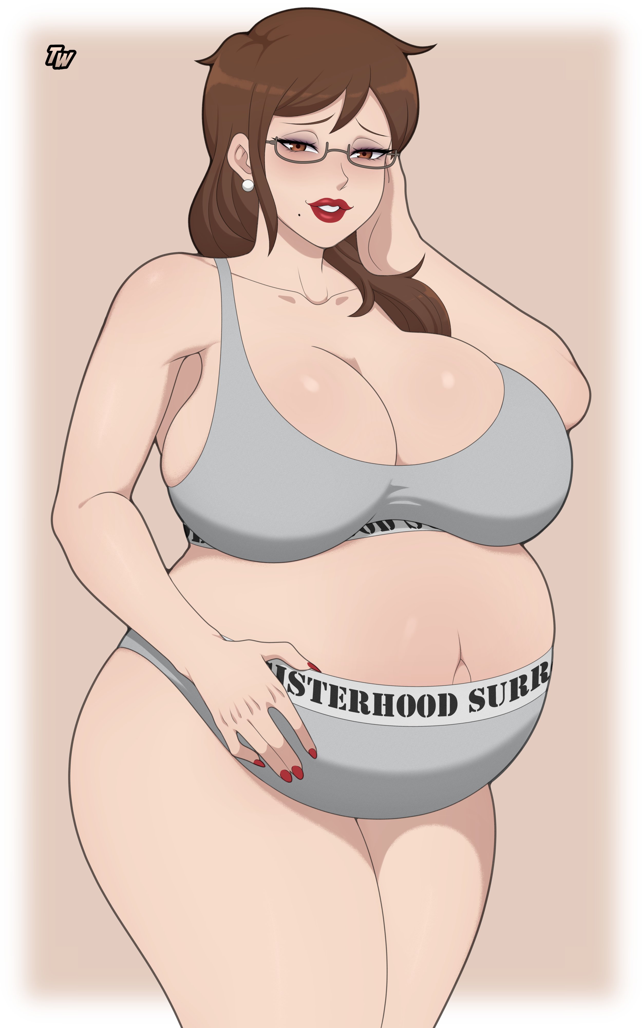 1girls, beauty mark, belly, big belly, big breasts, breasts, brown hair, cleavage, female, gigantic breasts, glasses, huge breasts, mature female, pregnant, solo, truewaifu