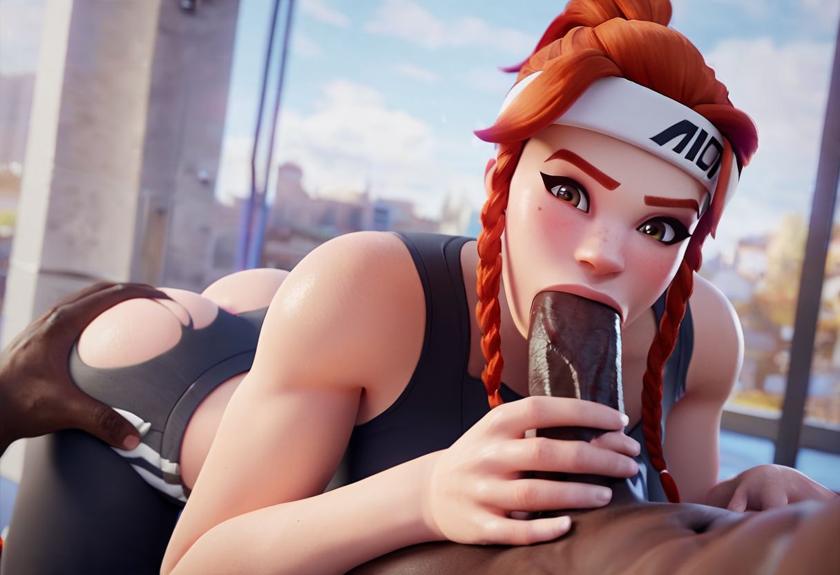 1boy 1girls ai_generated antifragile_bb big_ass blowjob brigitte brown_eyes dark-skinned_male eyeliner female headband interracial le_sserafim looking_at_viewer male orange_hair overwatch overwatch_2