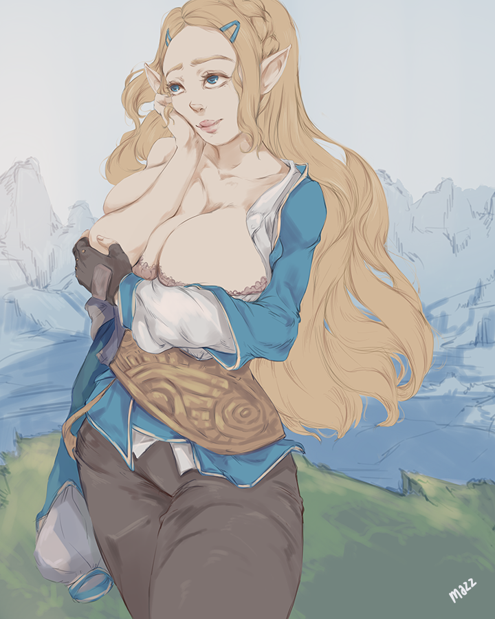 breasts breath_of_the_wild bursting_breasts cleavage covering mazz_draws mazzlesdraws nintendo overflowing_breasts princess_zelda the_legend_of_zelda zelda_(breath_of_the_wild)