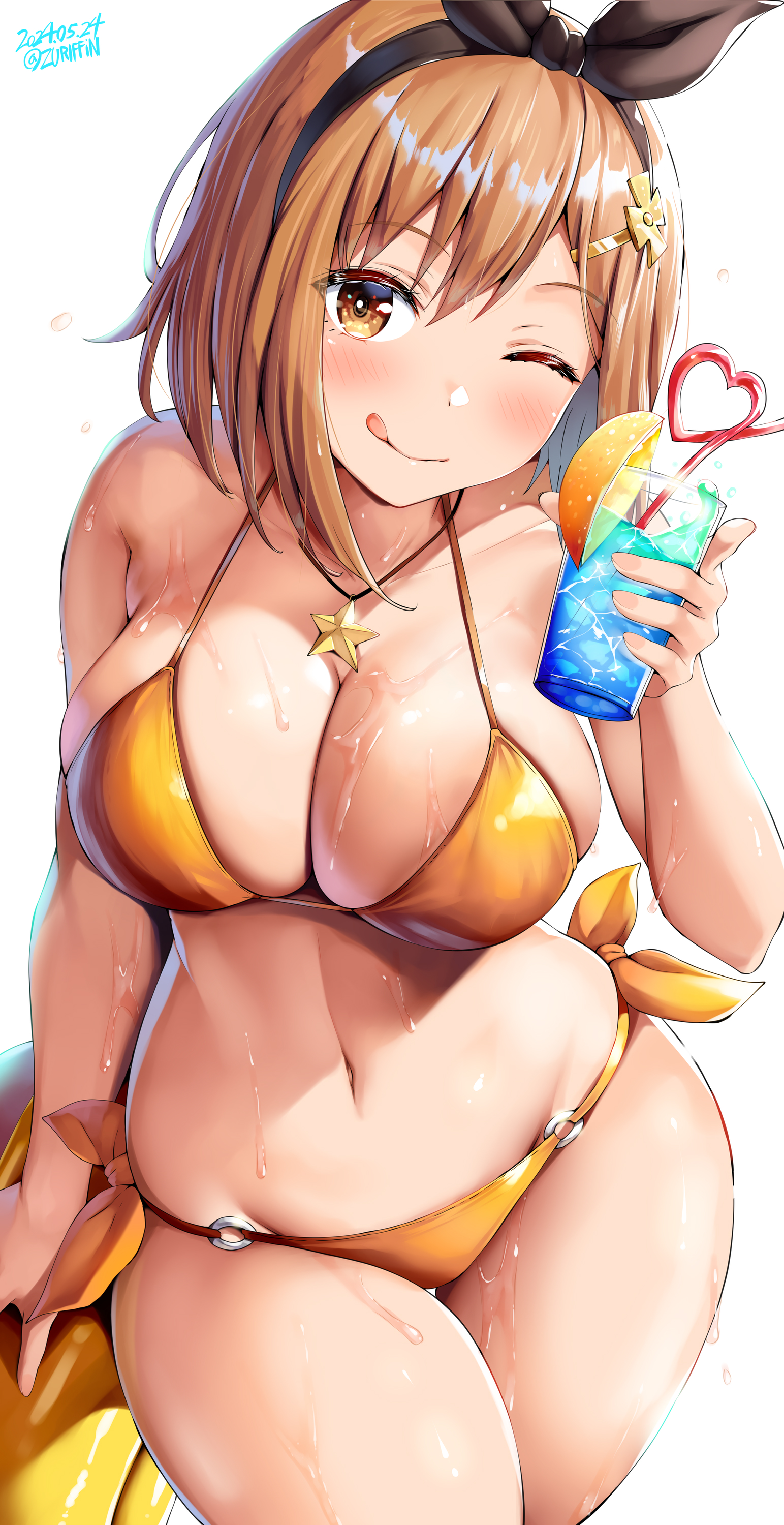 1girls, atelier (series), atelier ryza, belko, bikini, breasts, brown eyes, brown hair, female, hi res, hips, hourglass figure, huge breasts, large breasts, light skin, light-skinned female, naughty face, reisalin stout, short hair, slim waist, smile, thick thighs, thighs, wet, wide hips