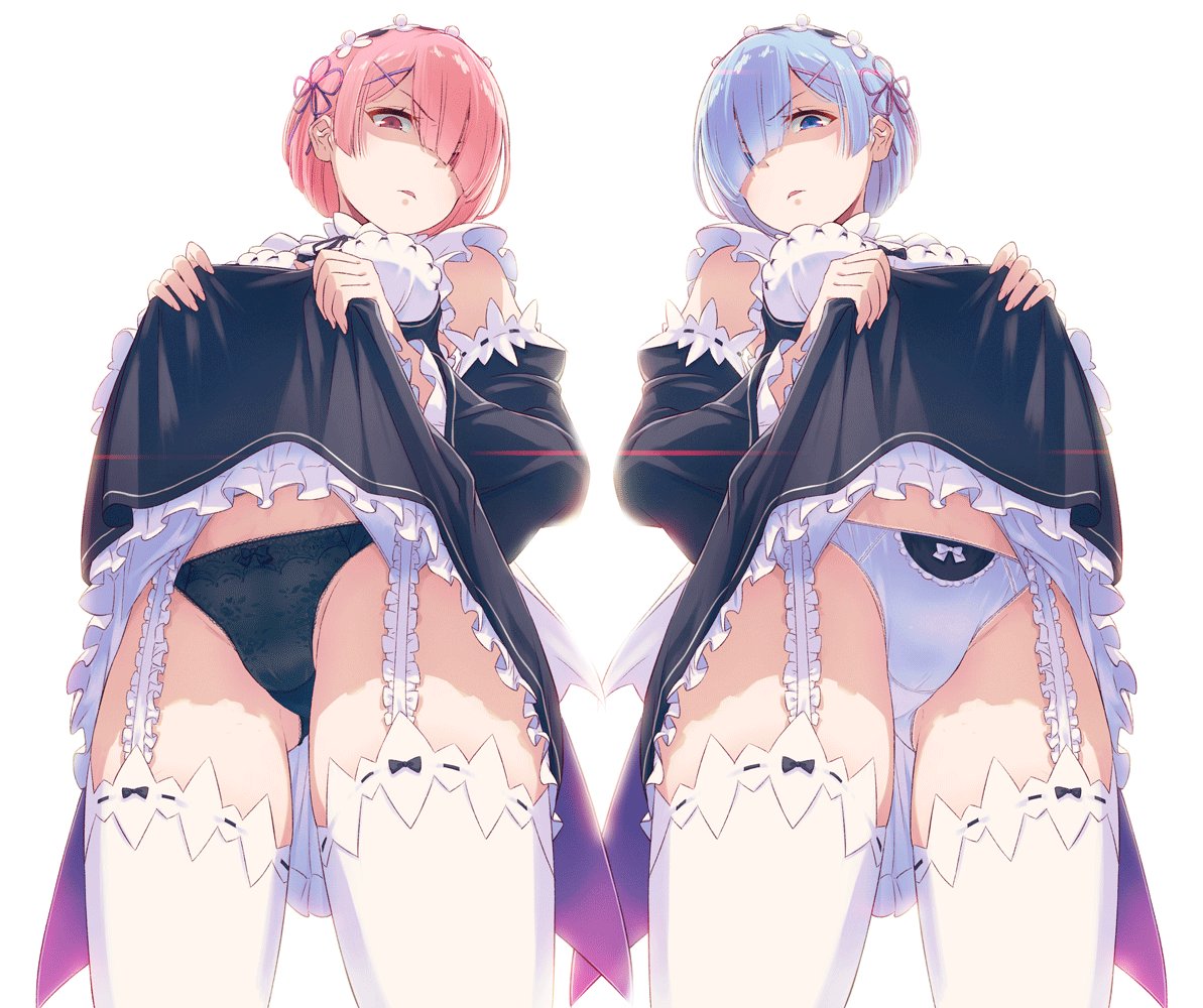 10s 2girls 40hara angry black_panties blue_eyes blue_hair breasts disgust garter_straps hair_ornament hairclip lifted_by_self looking_at_viewer maid medium_breasts multiple_girls panties pink_hair ram_(re:zero) re:zero_kara_hajimeru_isekai_seikatsu red_eyes rem_(re:zero) scowl shaded_face short_hair siblings sisters skirt skirt_lift thighhighs twins underwear white_background white_panties x_hair_ornament