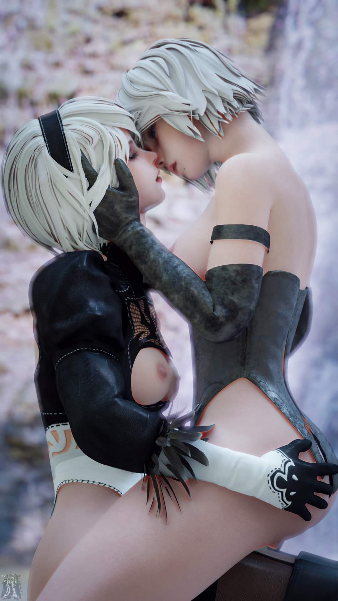 3d, android, ass, female, grabbing ass, nier: automata, white hair, yorha 2b, yorha a2, yuri