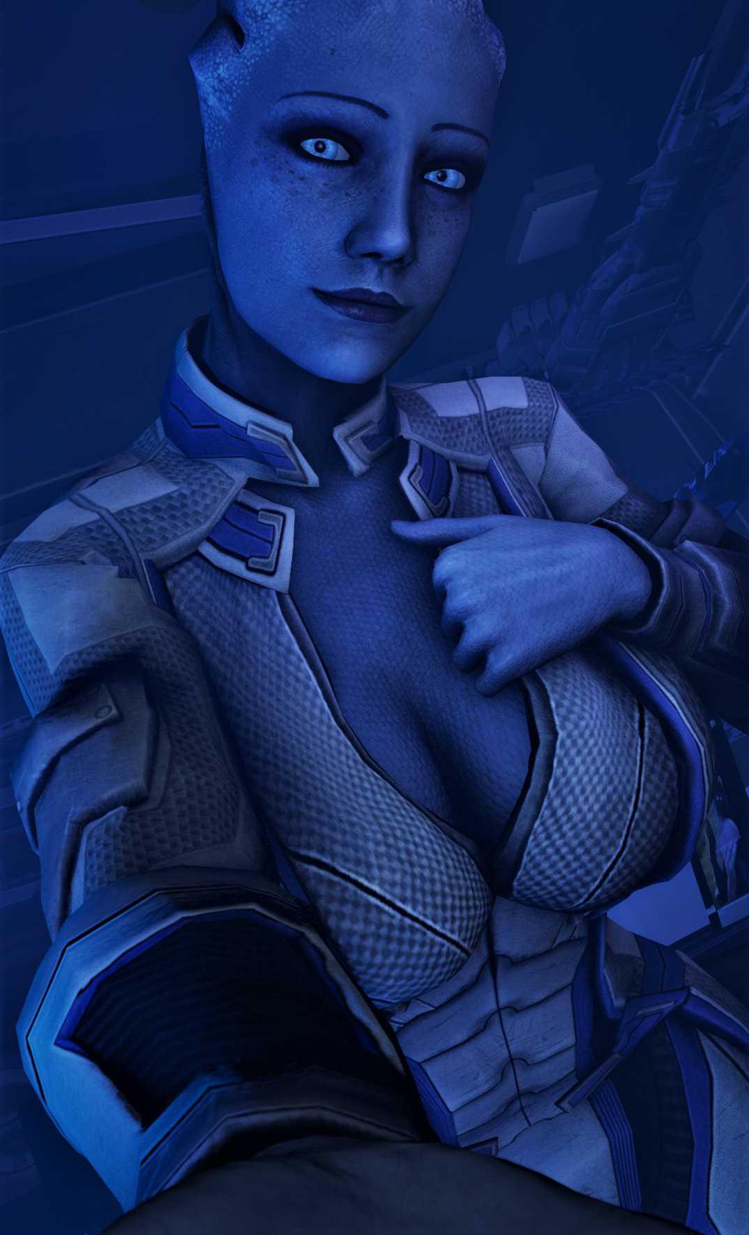 asari, breasts, cleavage, female, liara t'soni, mass effect, poster, sfm, skeletron27, solo female, source filmmaker