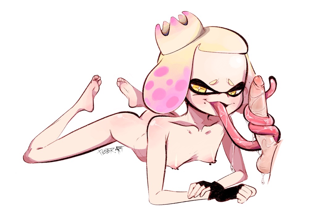 1girls, barefoot, blonde hair, breasts, collarbone, crown, disembodied penis, feet, fellatio, female, female focus, fingerless gloves, gloves, inkling, long penis, long tongue, male, medium penis, multicolored hair, nintendo, nipple piercing, nipples, nude, nude female, pearl (splatoon), penis, piercing, pink hair, saliva, saliva on penis, saliva on tongue, short eyebrows, simple background, small breasts, soles, splatoon, splatoon 2, tentacle hair, toes, tongue, tongue wrap, tonguejob, white background, xu53r, yellow eyes