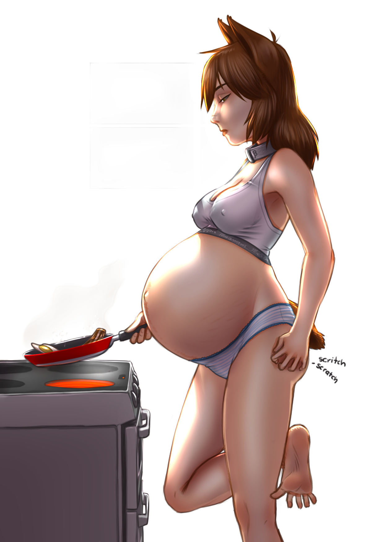 1girls, barefoot, breasts, cat girl, catgirl, celesseshading, erect nipples, female, female only, huge belly, linea nigra, nipples, pregnant, ready to pop, solo, stretch marks