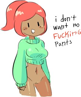 bottomless breasts casual_nudity chloe_(nekuzx) dark_skin female female_focus female_only half-dressed half_naked looking_at_viewer nekuzx nonchalant original original_character partially_clothed pussy red_hair simple_background smile solo solo_female solo_focus speech_bubble swear sweater talking_to_viewer text vagina white_background