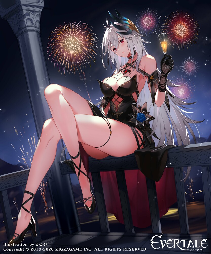 1girls alcohol astrid_von_draclow_(evertale) bare_shoulders black_dress black_gloves breasts cleavage crossed_legs cup dress drinking_glass evertale female fireworks glass gloves hair_ornament high_heels high_resolution holding holding_cup kakage large_breasts long_hair looking_at_viewer night night_sky official_art red_eyes shoes silver_hair sitting sky thigh_strap very_high_resolution watermark wine_glass