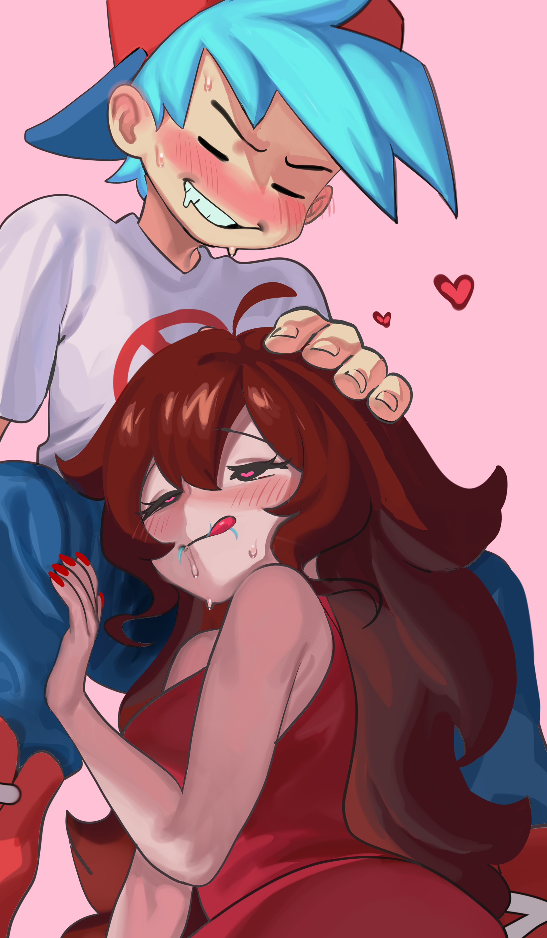 1boy, 1girls, after fellatio, boyfriend (friday night funkin), dress, female, female focus, friday night funkin, girl on boy, girlfriend (friday night funkin), heart eyes, highres, horny, long hair, male, nia (nia4294), pubic hair in mouth, stray pubic hair