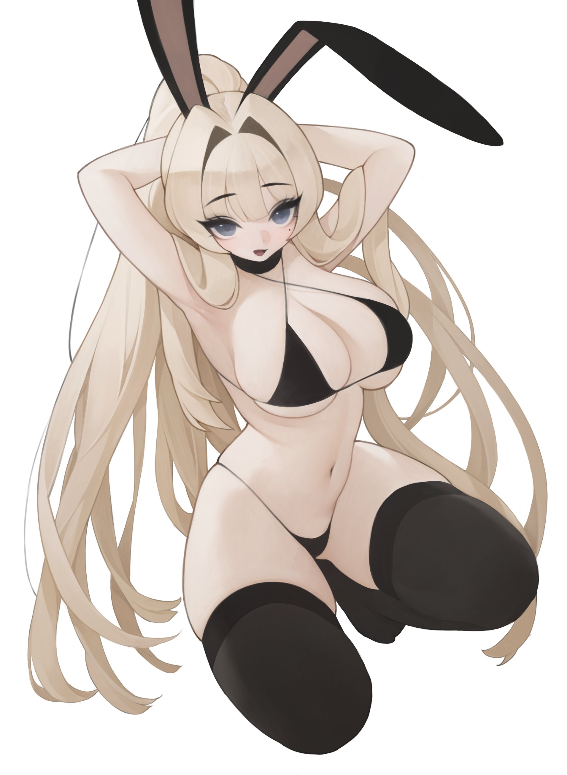 1girls, bikini, blonde hair, bunny ears, female, female only, grey eyes, hi res, high ponytail, kneeling, long hair, looking at viewer, mole under eye, side-tie bikini, side-tie panties, solo, solo female, stockings, thigh squish, white background, wlsdnjs950