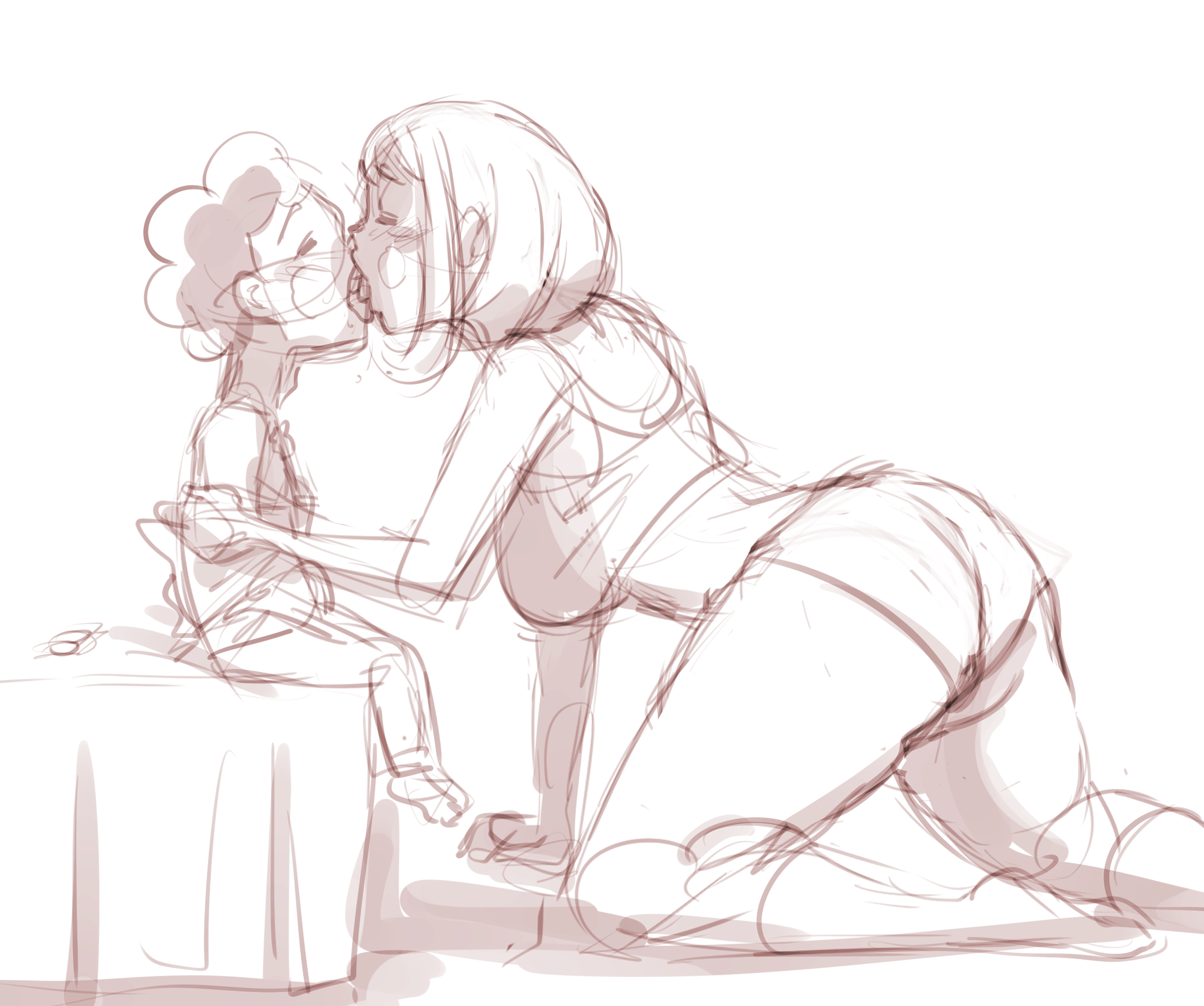 1boy, 1girls, ass, big breasts, breasts, female, karmaniac, kissing, kneeling, larger female, male, minoru mineta, my hero academia, ochako uraraka, shounen jump, size difference, sketch, smaller male, thick thighs