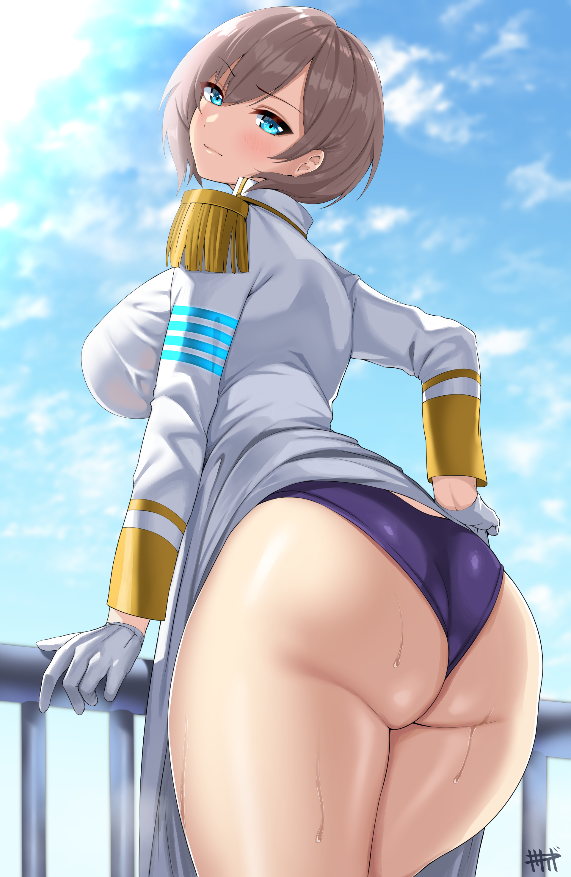 1girls, ass, big ass, big breasts, big butt, blue eyes, breasts, fat ass, female, female only, gloves, kisaragi tsurugi, large ass, large breasts, looking at viewer, looking back, mujina, short hair, solo, solo female, ssss.dynazenon, thick, thick ass, thick thighs, thighs, voluptuous