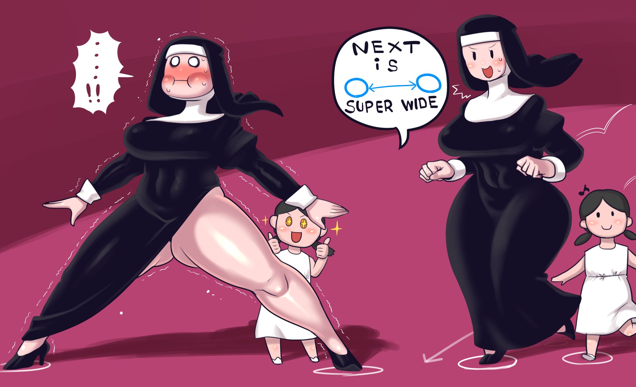 ass, big ass, big breasts, breasts, dress slit, embarrassed, exposed thighs, female, heels, hopscotch, legs, legs spread, minami aomori, mob face, nun, nun outfit, simple background, simple eyes, simple face, tagme, thick thighs, thigh slit, thong, white skin