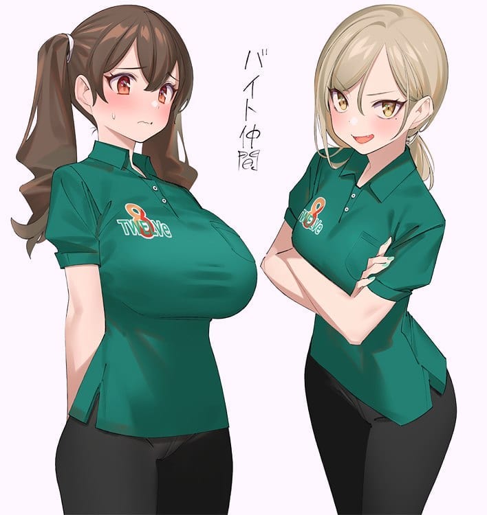 2girls arms_crossed arms_crossed_under_breasts big_breasts blonde_hair blush brand_name_imitation breast breast_size_difference brown_hair curvy cute huge_breasts japanese_text large_breasts multiple_girls nervous nervous_smile nervous_sweat open_mouth orange_eyes pigtails pop_kyun red_face size_difference sweat sweatdrop sweating text thin thin_waist translated uniform voluptuous yellow_eyes